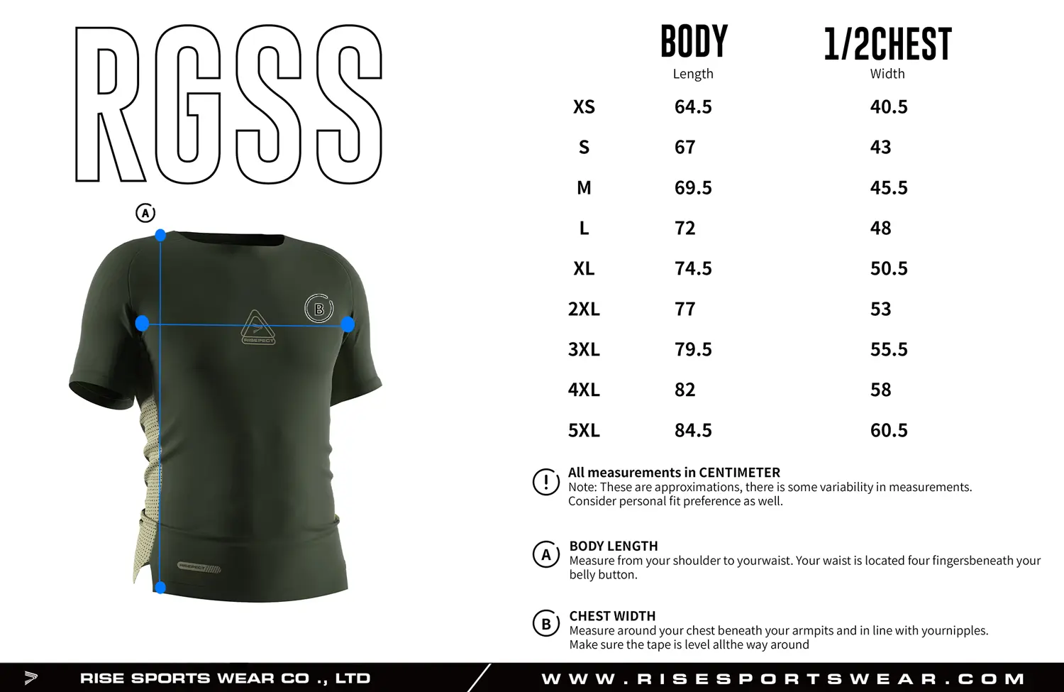Adult size chart for custom compression football shirt from XS to 5XL, displaying body length and 1/2 chest width measurements, available with Rise Sportswear standard sizing or fully customized size chart for team and brand OEM orders