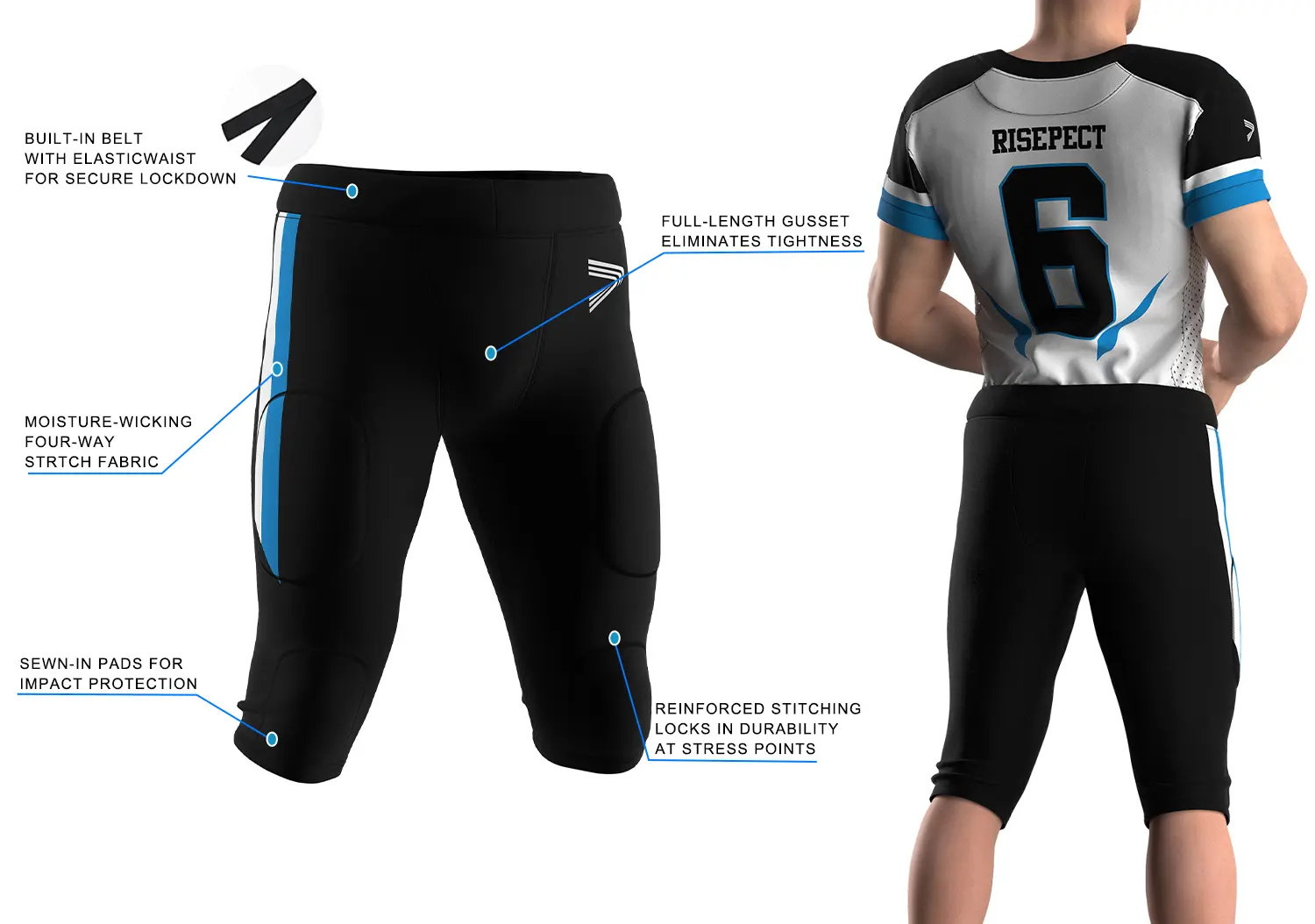 Black Football Pants with Piping Padding showing front 3D technical design with highlighted performance features and sales callouts on the left, and rear on-model fit view on the right, featuring blue and white side strips, built-in belt waistband, and white logo print