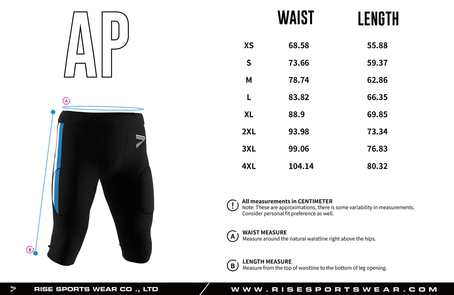 Adult size chart for Black Football Pants with Piping Padding, showing waist and outseam measurements from XS to 4XL for OEM padded football pants with game fit design