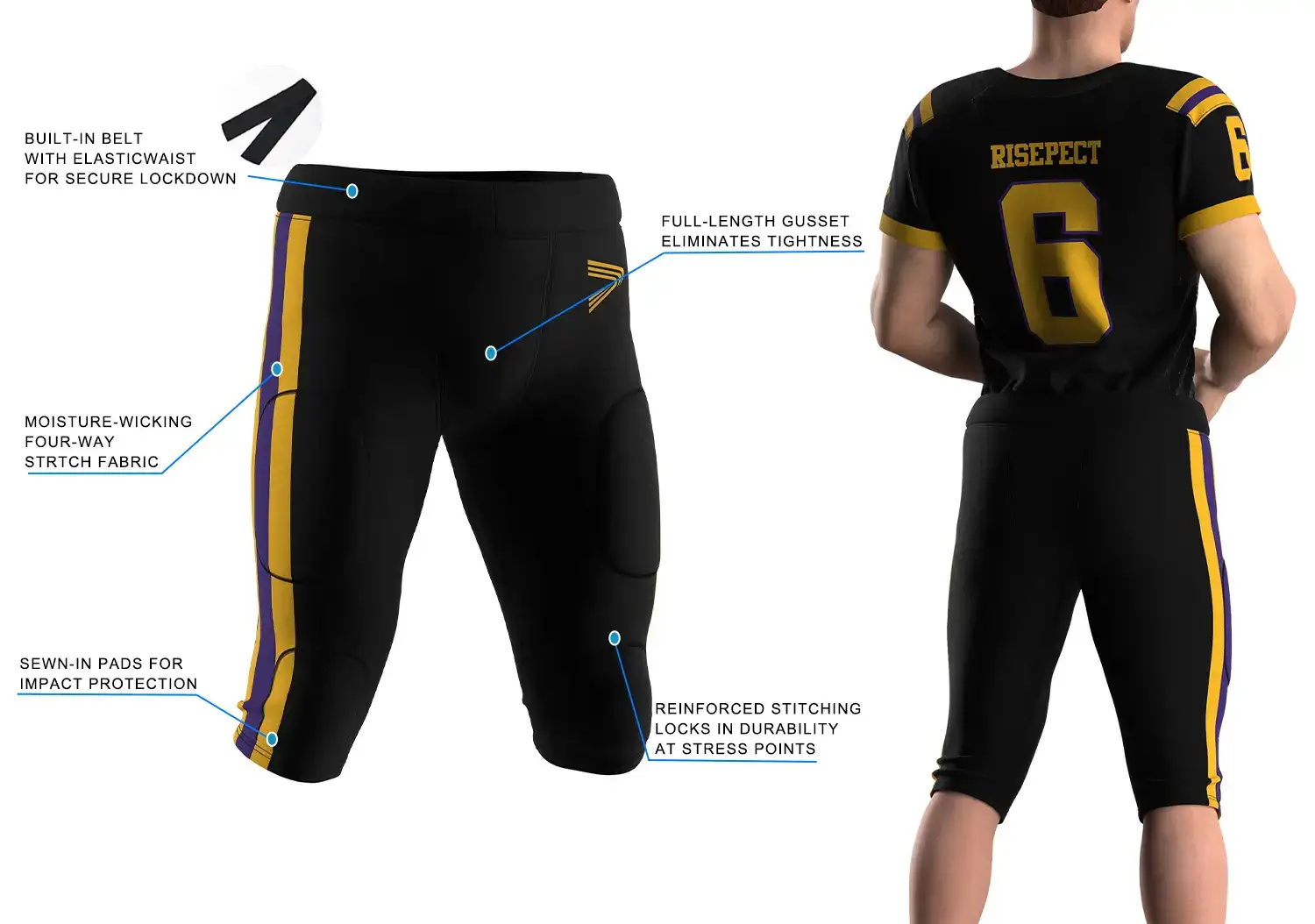 Black Football Pants with Yellow & Purple Stripe showing front 3D technical design with highlighted performance features and sales callouts on the left, and rear on-model fit view on the right, featuring yellow and purple side stripe, built-in belt waistband, and yellow logo print