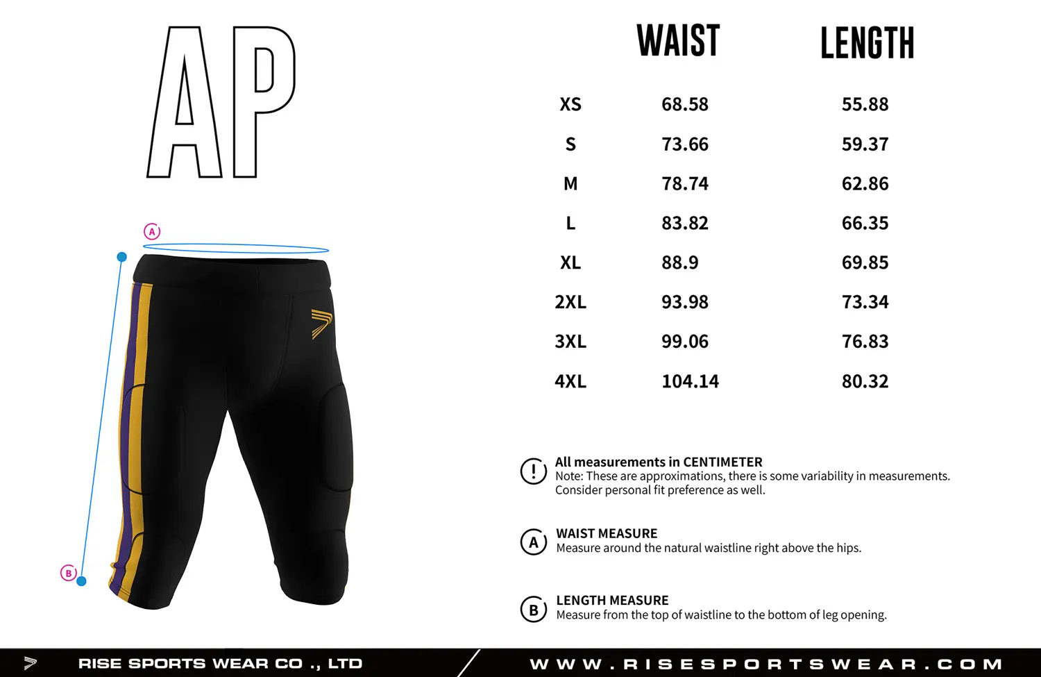 Adult size chart for Black Football Pants with Yellow & Purple Stripe, showing waist and outseam measurements from XS to 4XL for OEM padded football pants with game fit design