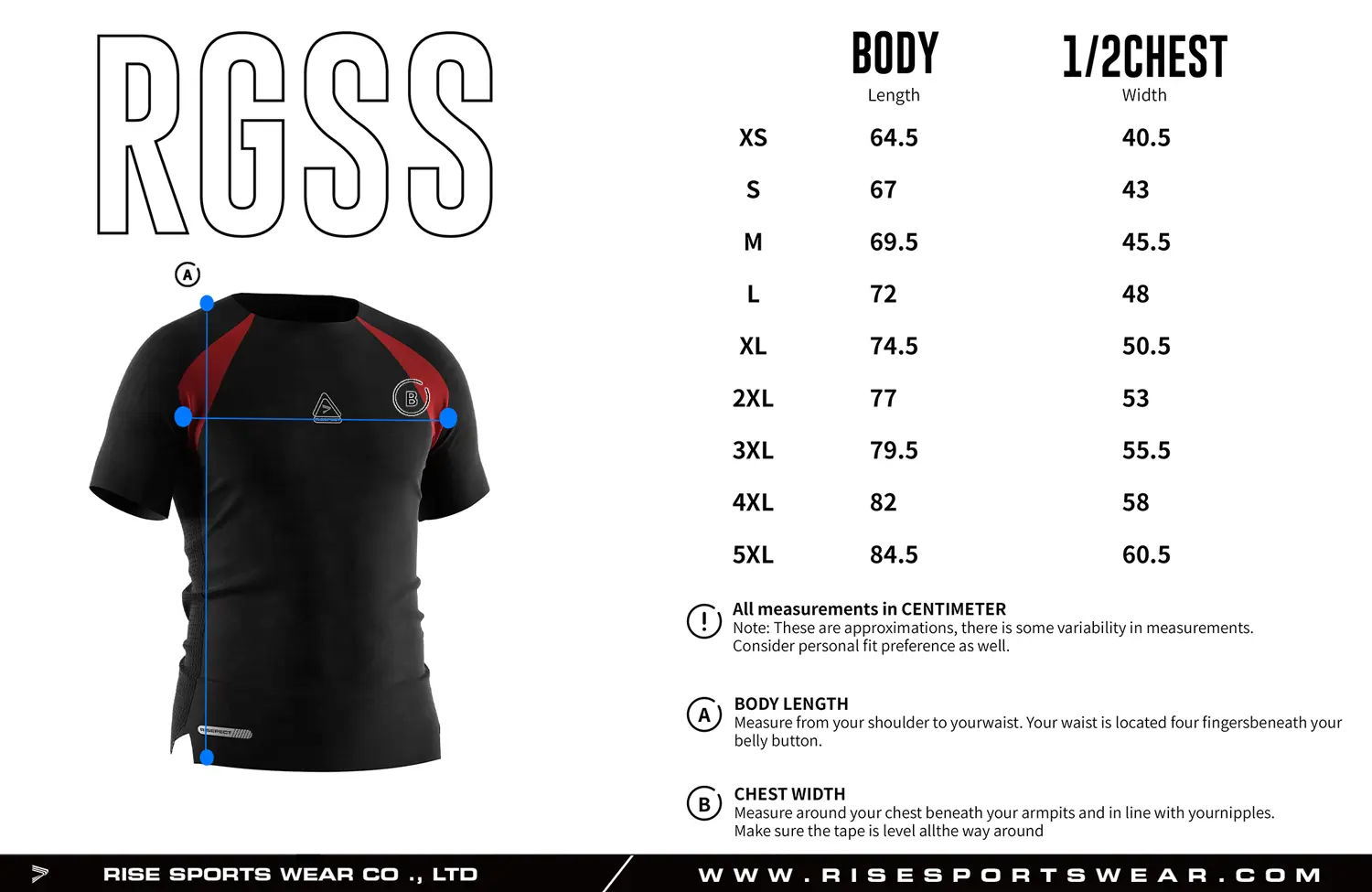 Adult size chart for custom compression football shirt from XS to 5XL, displaying body length and 1/2 chest width measurements, available with Rise Sportswear standard sizing or fully customized size chart for team and brand OEM orders
