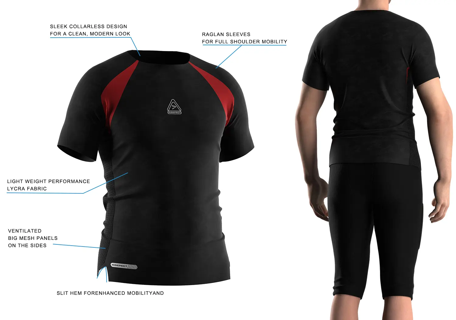 Black compression football shirt showing front 3D technical design on the left and back on-model view on the right, featuring side mesh panels, red accents and white logo, and OEM American football performance top construction