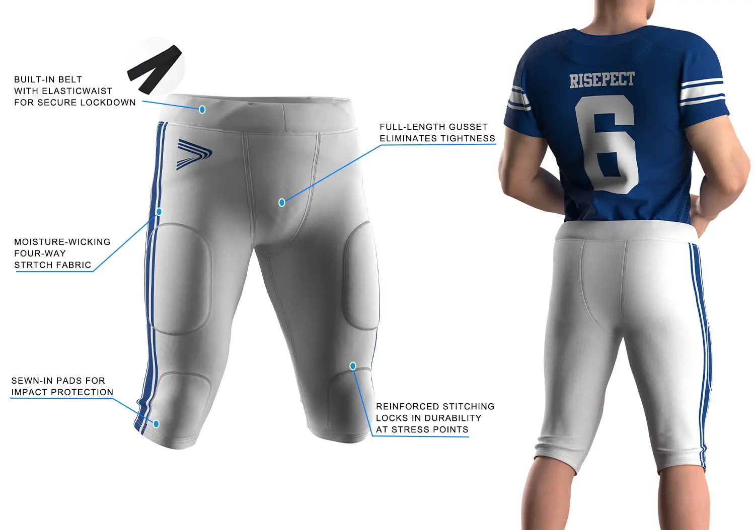Blue Piping White American Football Pants with Padding showing front 3D technical design with highlighted performance features and sales callouts on the left, and rear on-model fit view on the right, featuring blue side stripe, built-in belt waistband, and blue logo print