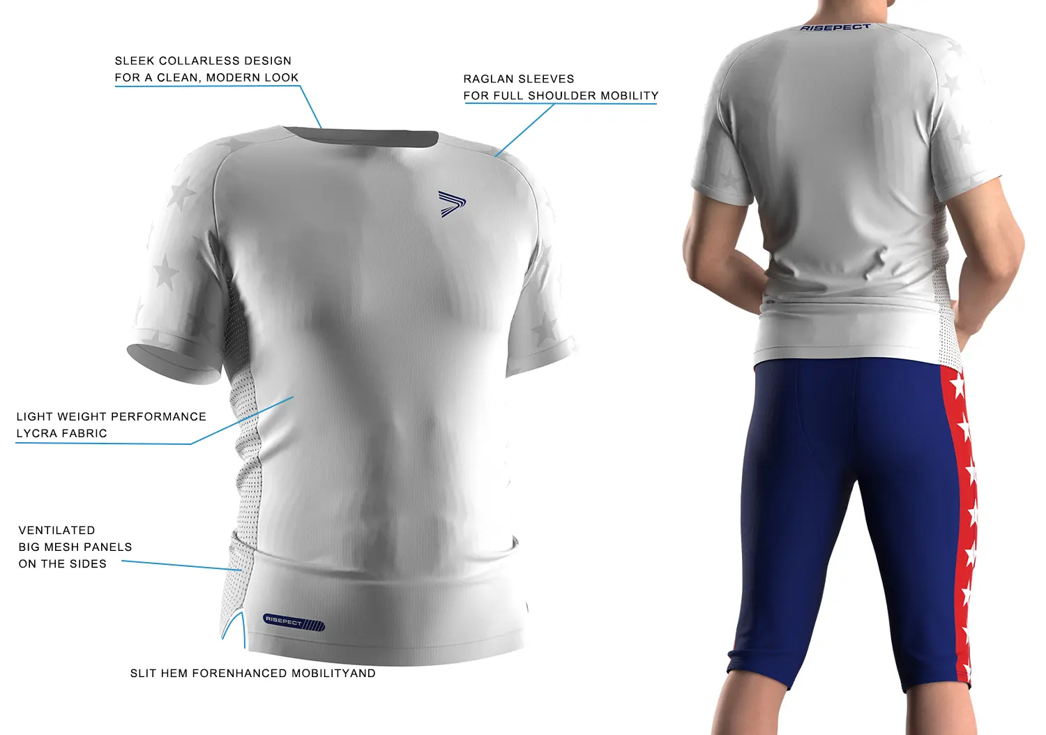 Classic white compression football shirt showing front 3D technical design on the left and back on-model view on the right, featuring side mesh panels, white logo and tags, and OEM American football performance top construction
