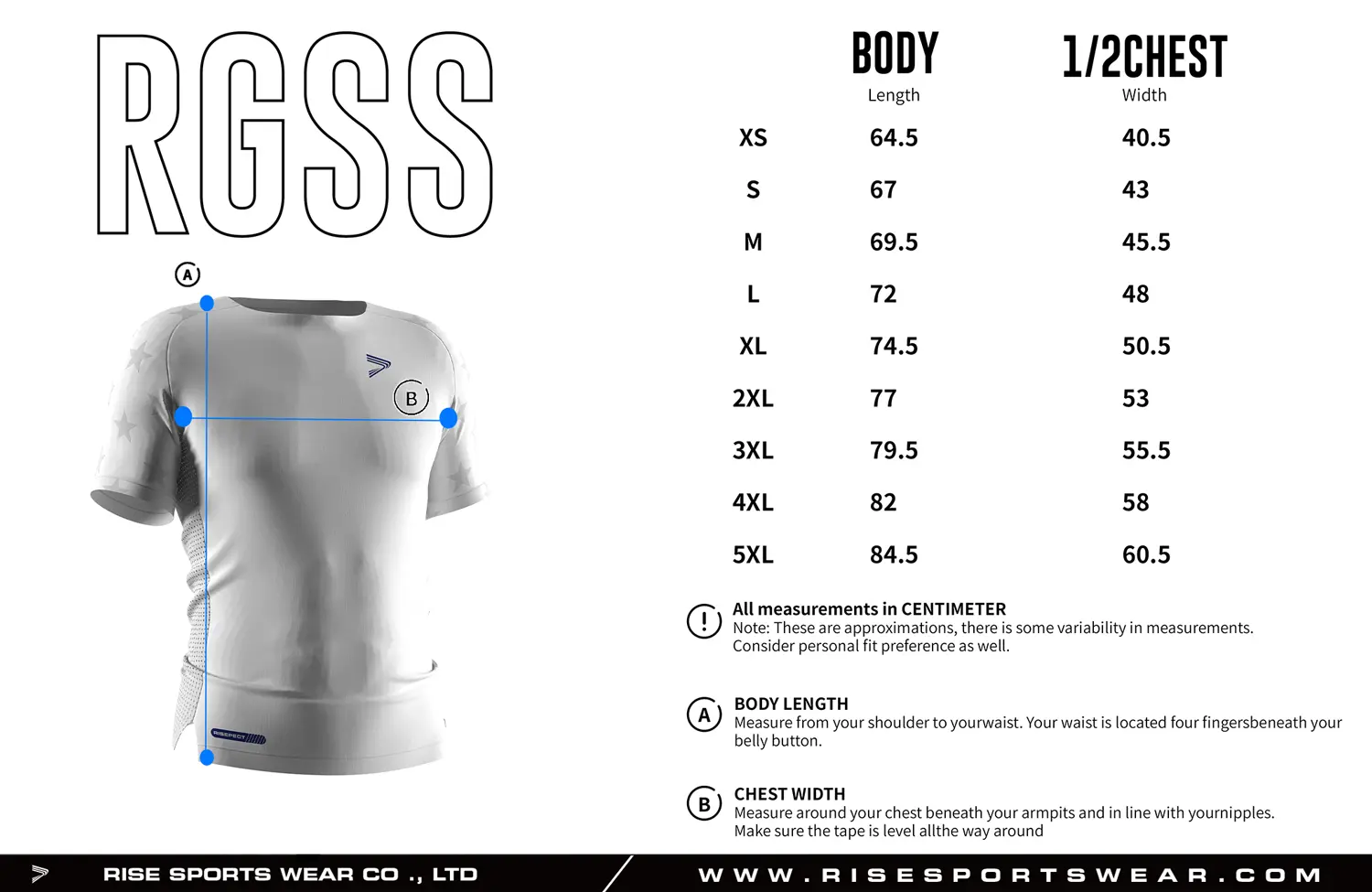 Adult size chart for custom compression football shirt from XS to 5XL, displaying body length and 1/2 chest width measurements, available with Rise Sportswear standard sizing or fully customized size chart for team and brand OEM orders