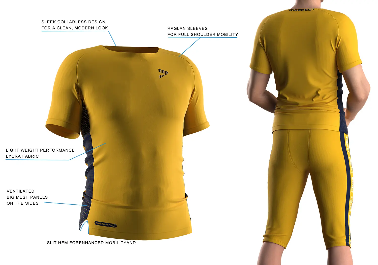 Gold compression football shirt showing front 3D technical design on the left and back on-model view on the right, featuring navy blue side mesh panels, navy blue logo and tag, and OEM American football performance top construction