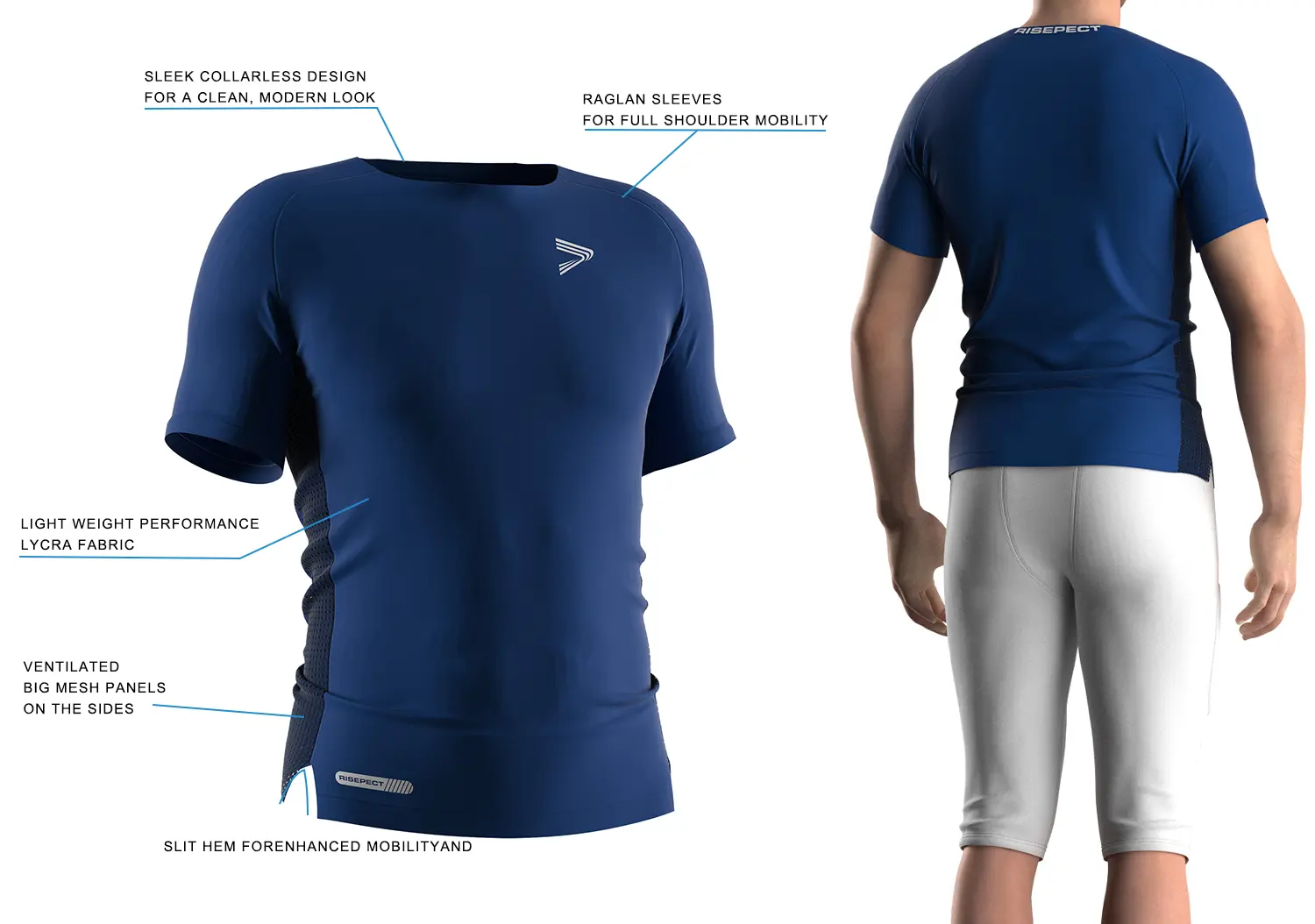 Navy blue compression football shirt showing front 3D technical design on the left and back on-model view on the right, featuring black side mesh panels, white logo & tags, and OEM American football performance top construction
