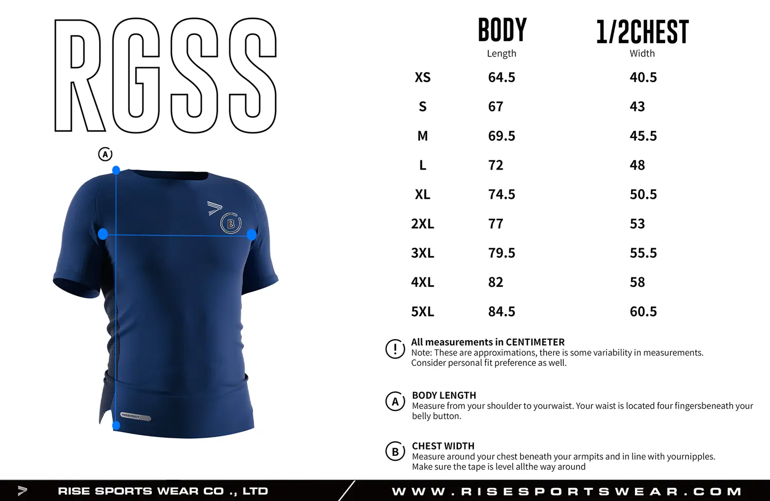 Adult size chart for custom compression football shirt from XS to 5XL, displaying body length and 1/2 chest width measurements, available with Rise Sportswear standard sizing or fully customized size chart for team and brand OEM orders
