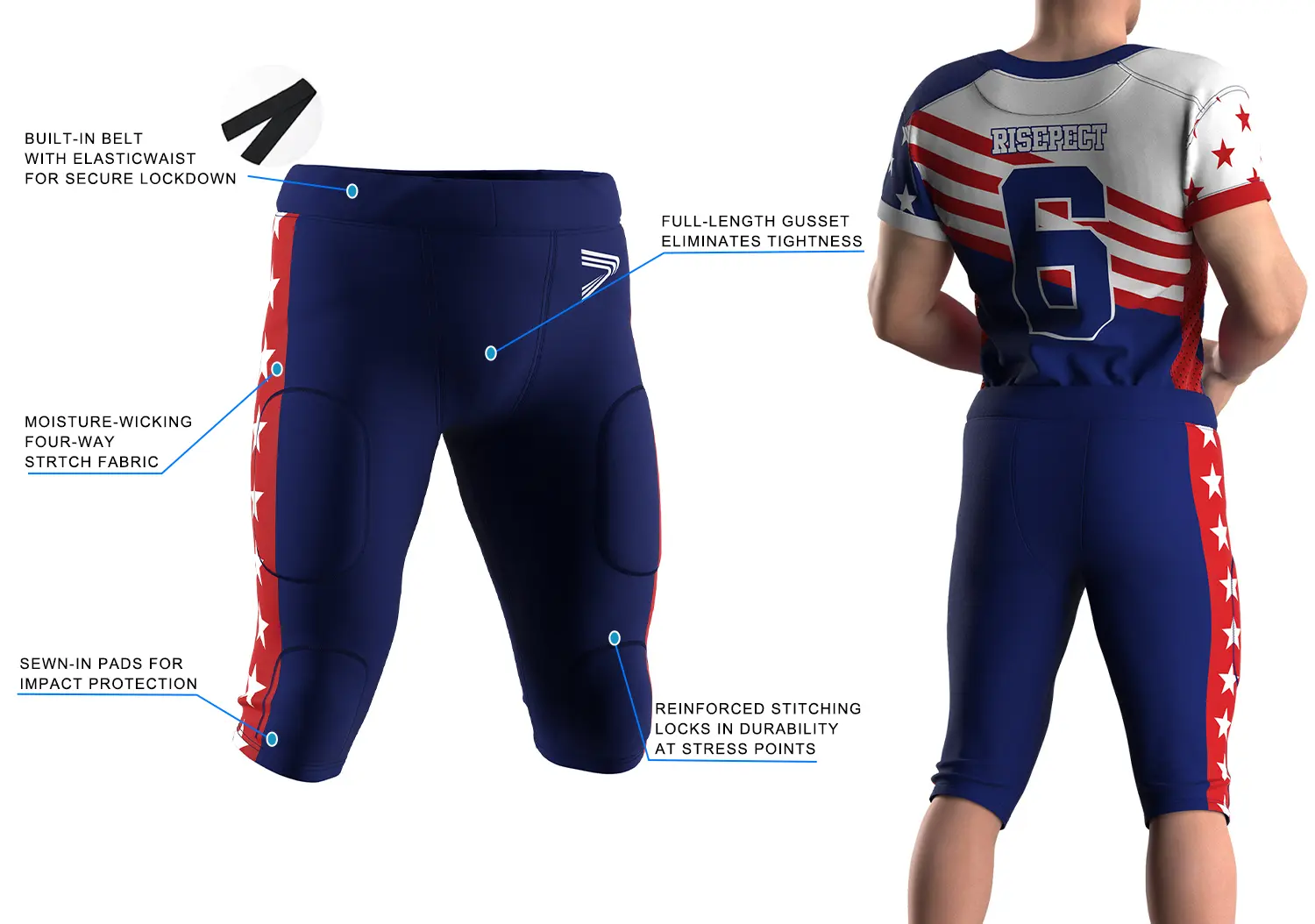 Navy Football Pants with Star Stripe showing front 3D technical design with highlighted performance features and sales callouts on the left, and rear on-model fit view on the right, featuring white base star stripe, built-in belt waistband, and white logo print