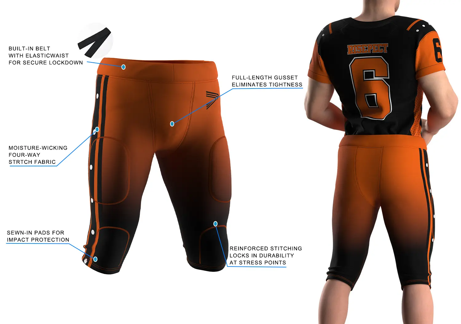 Orange Gradient Football Pants with Padding showing front 3D technical design with highlighted performance features and sales callouts on the left, and rear on-model fit view on the right, featuring black base white dots piping, built-in belt waistband, and black logo print