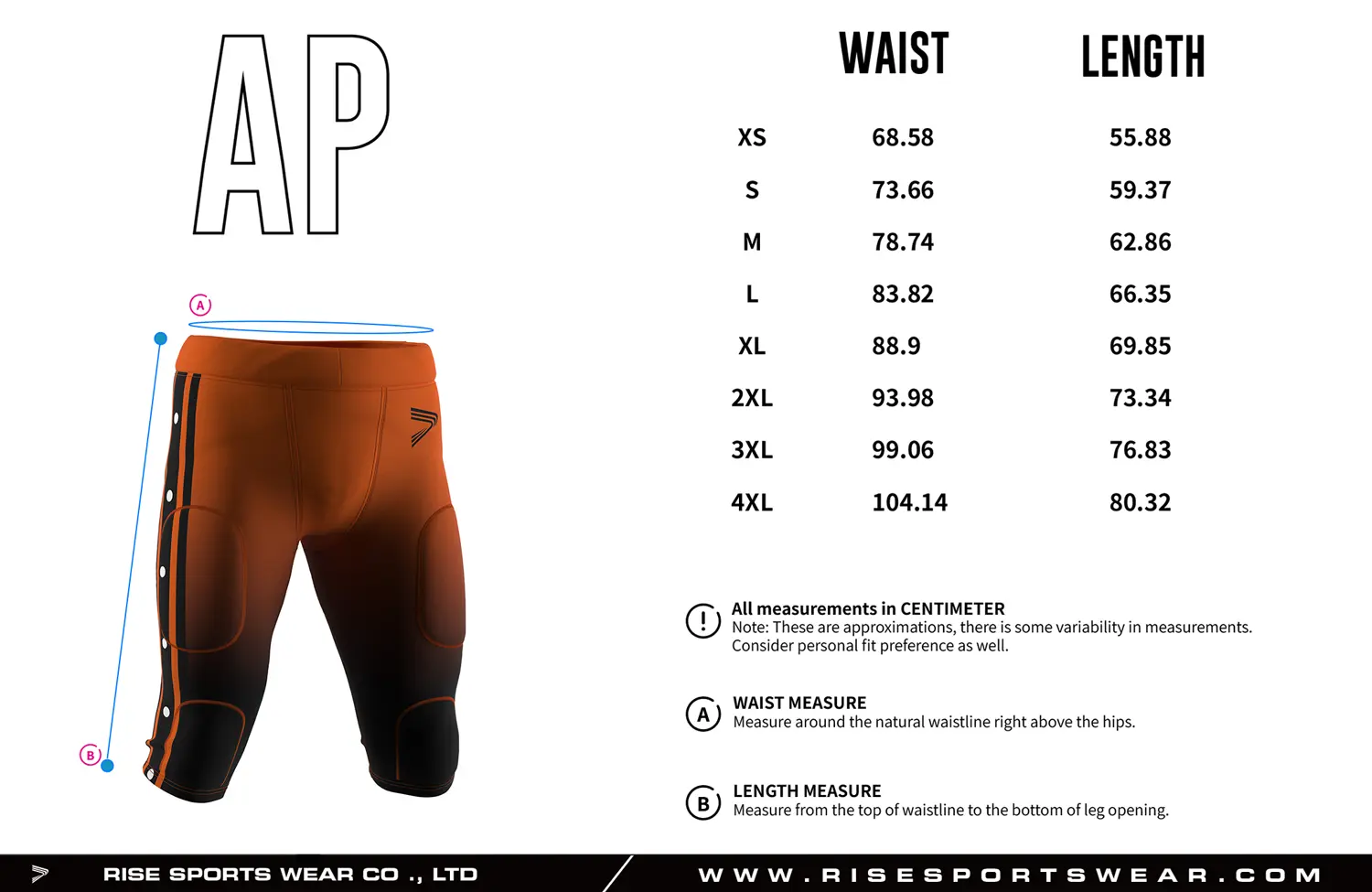 Adult size chart for Orange Gradient Football Pants with Padding, showing waist and outseam measurements from XS to 4XL for OEM padded football pants with game fit design