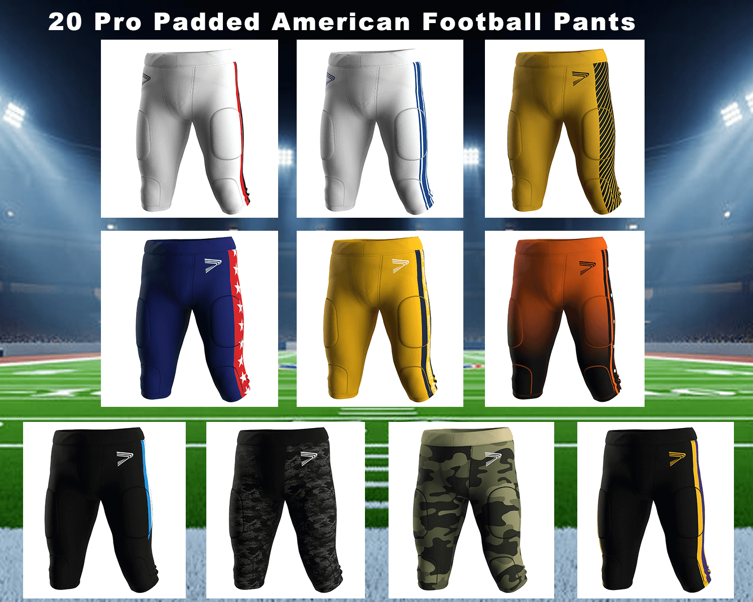 Custom American football pants design display featuring 10 different colors and sublimated patterns, OEM football pants supplier offering fully customizable team football pants with unlimited color options