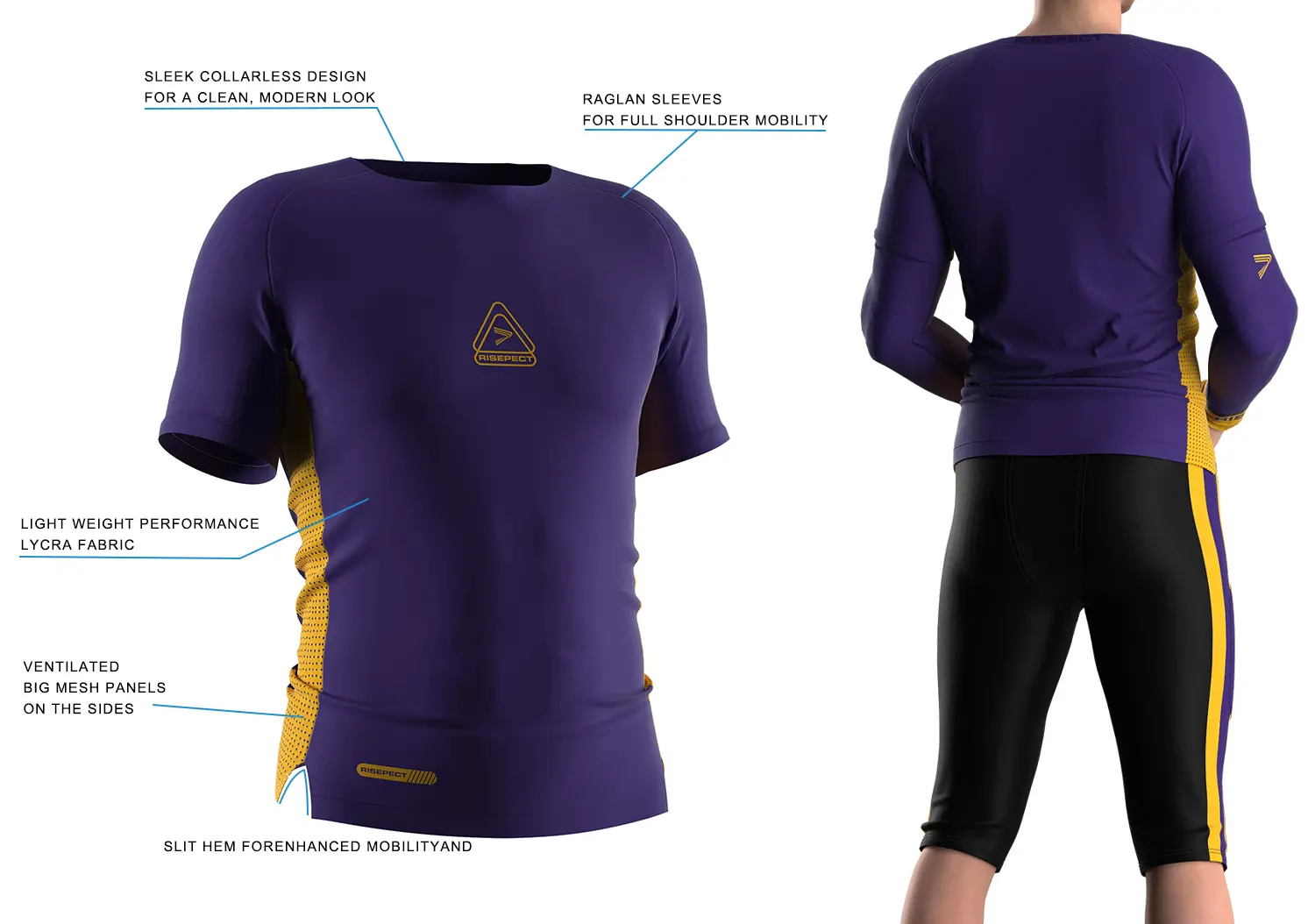 Purple compression football shirt showing front 3D technical design on the left and back on-model view on the right, featuring gold side mesh panels, logo and tag, and OEM American football performance top construction