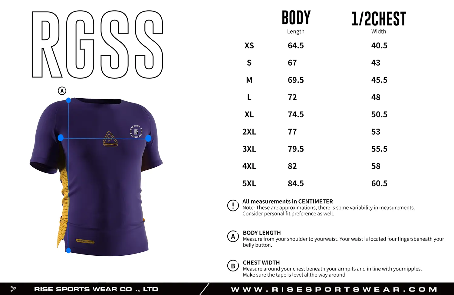 Adult size chart for custom compression football shirt from XS to 5XL, displaying body length and 1/2 chest width measurements, available with Rise Sportswear standard sizing or fully customized size chart for team and brand OEM orders