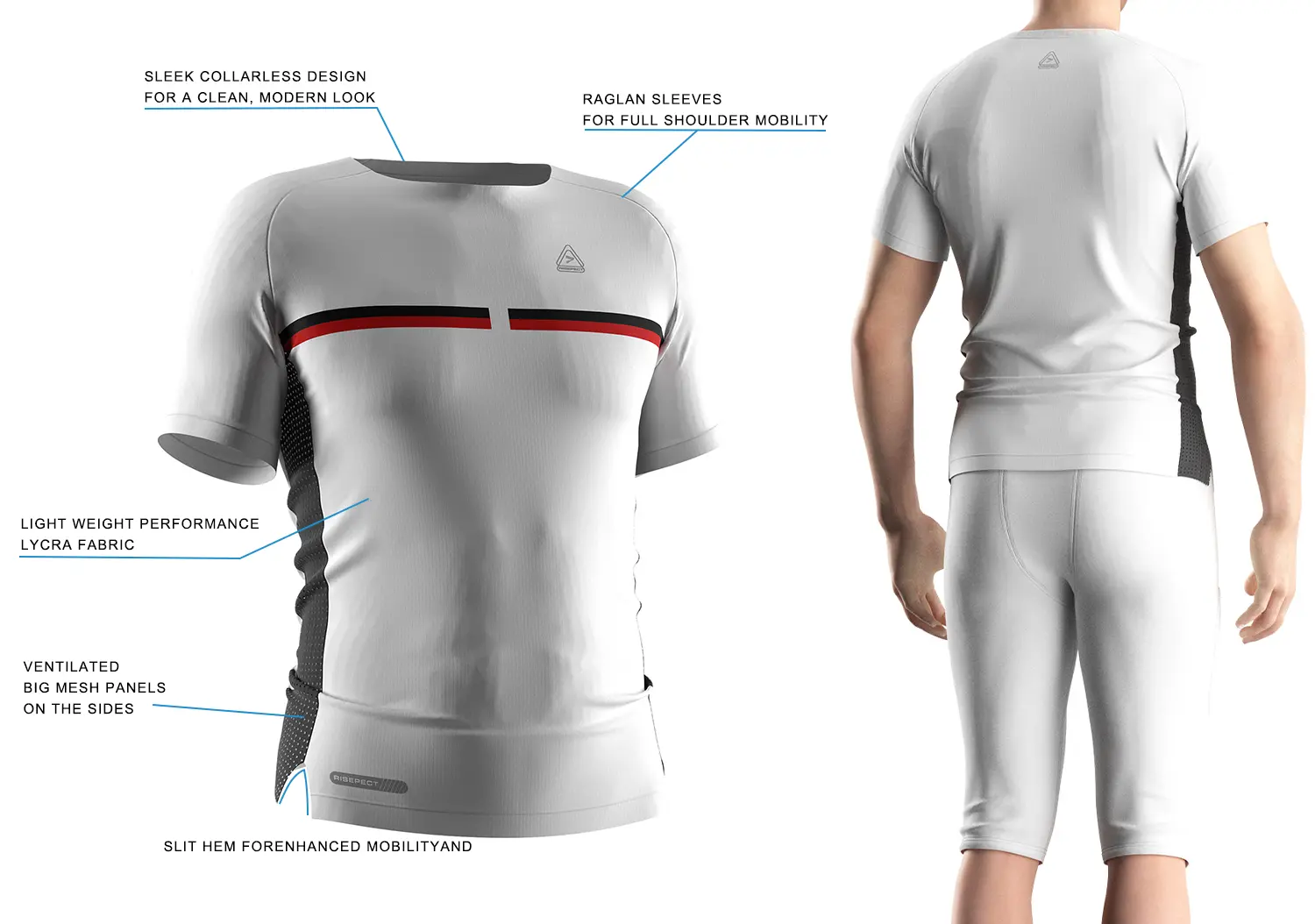 White compression football shirt showing front 3D technical design on the left and back on-model view on the right, featuring black side mesh panels, red and black chest stripes, and OEM American football performance top construction