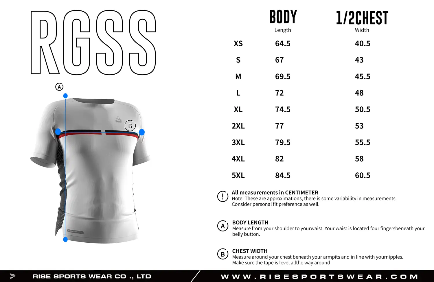 Adult size chart for custom compression football shirt from XS to 5XL, displaying body length and 1/2 chest width measurements, available with Rise Sportswear standard sizing or fully customized size chart for team and brand OEM orders