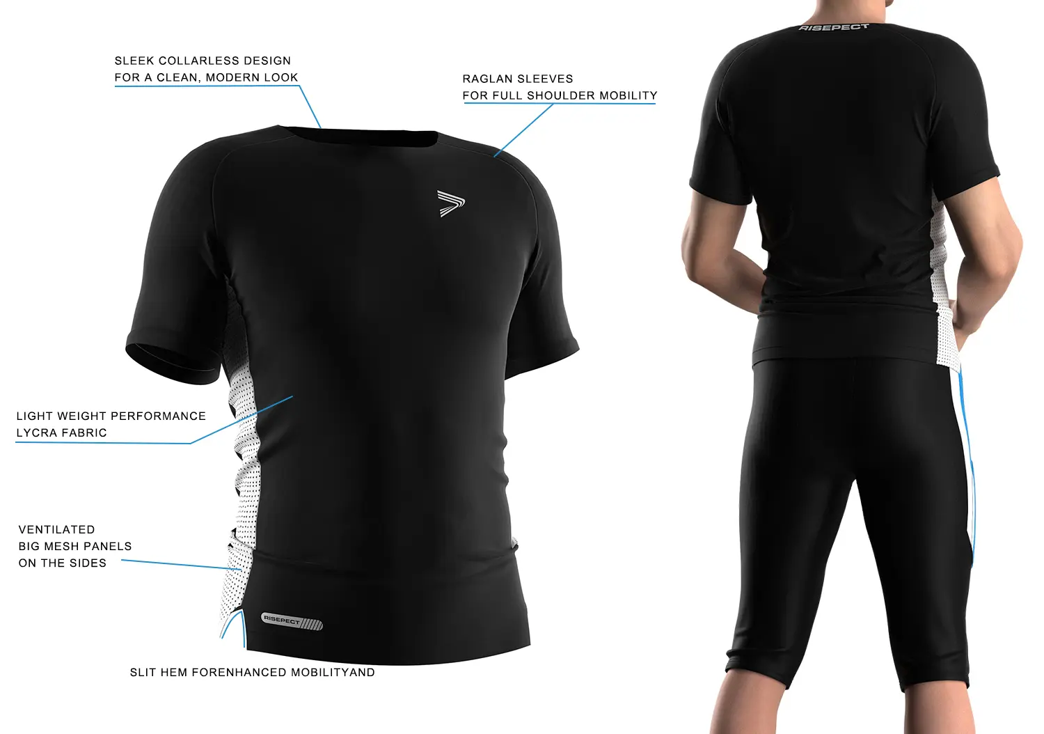 Black compression football shirt showing front 3D technical design on the left and back on-model view on the right, featuring white side mesh panels, logo and tag, and OEM American football performance top construction