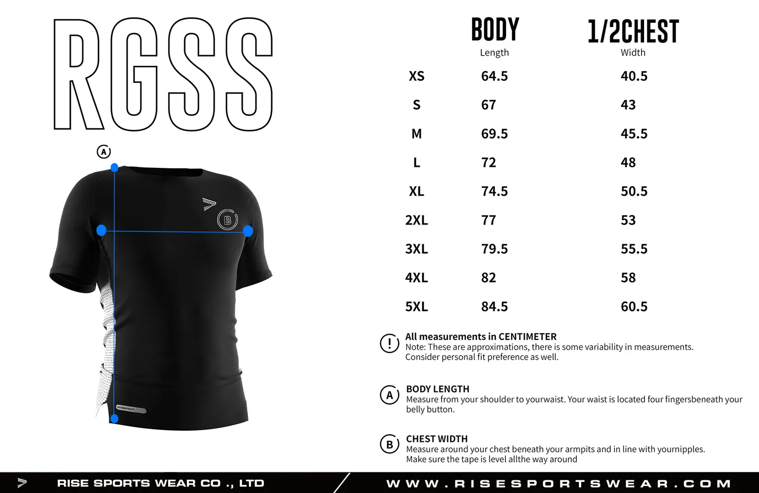 Adult size chart for custom compression football shirt from XS to 5XL, displaying body length and 1/2 chest width measurements, available with Rise Sportswear standard sizing or fully customized size chart for team and brand OEM orders