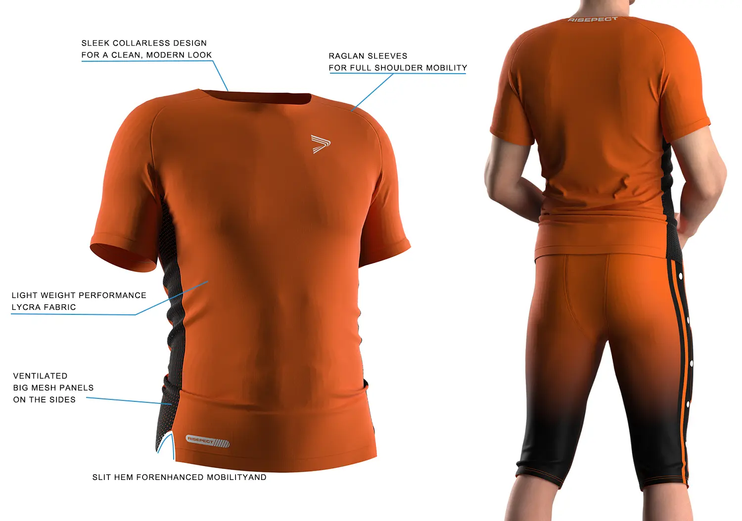 Orange red compression football shirt showing front 3D technical design on the left and back on-model view on the right, featuring black side mesh panels, white logo and tag, and OEM American football performance top construction