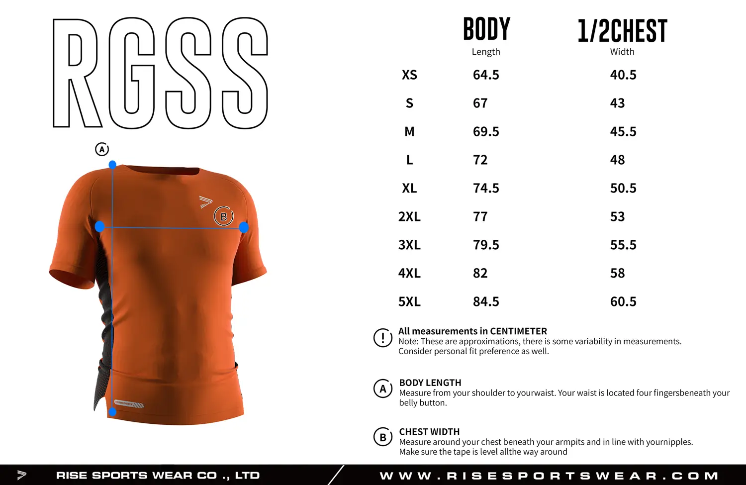 Adult size chart for custom compression football shirt from XS to 5XL, displaying body length and 1/2 chest width measurements, available with Rise Sportswear standard sizing or fully customized size chart for team and brand OEM orders