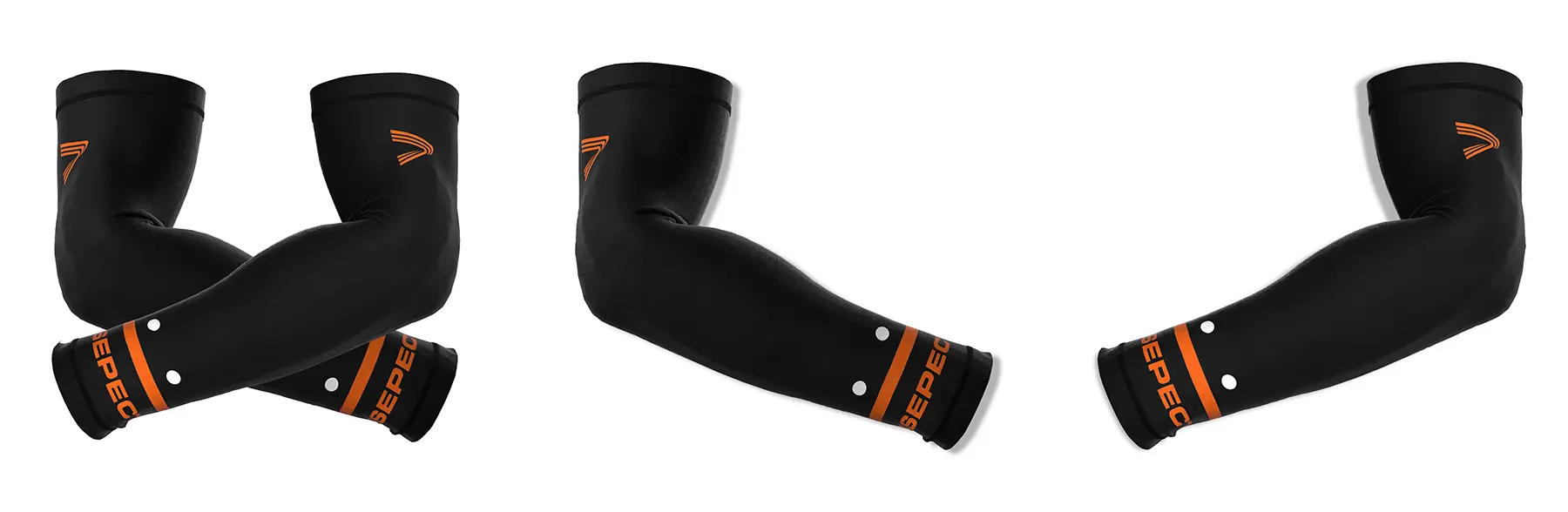Composite image of black football compression arm sleeves with orange red accents, showing the full pair plus separate views of the right and left sleeves with RISEPECT branding.