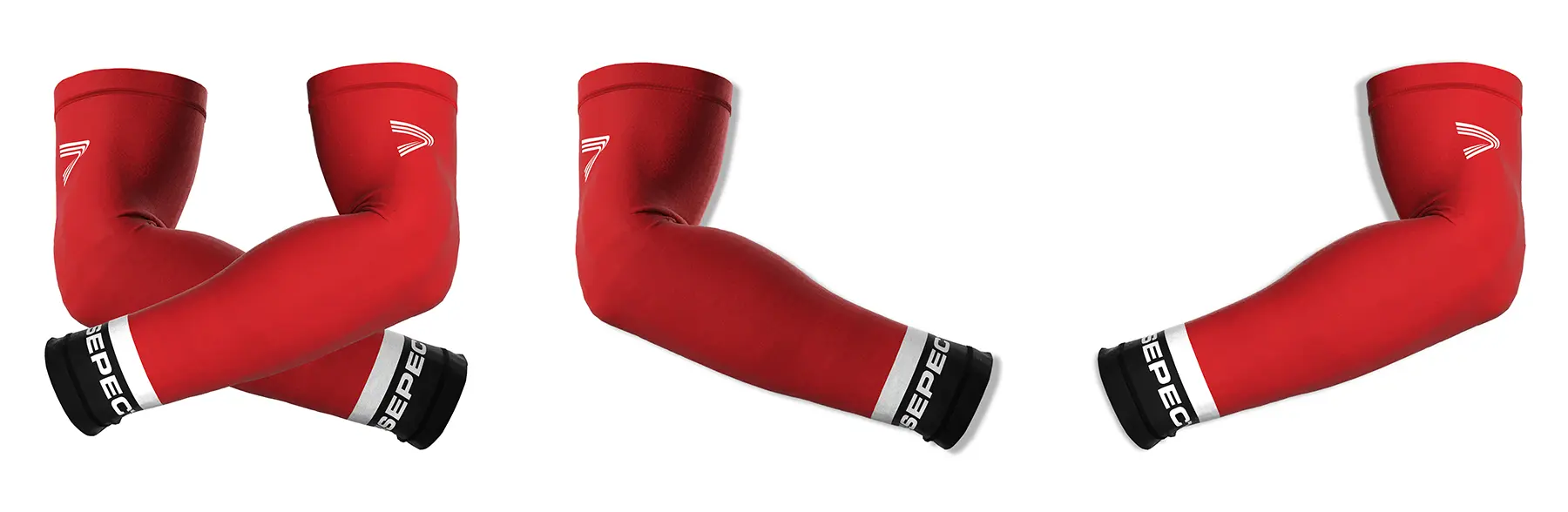 Composite image of blood red football compression arm sleeves with black and white cuffs, showing the full pair plus separate views of the right and left sleeves with RISEPECT branding.