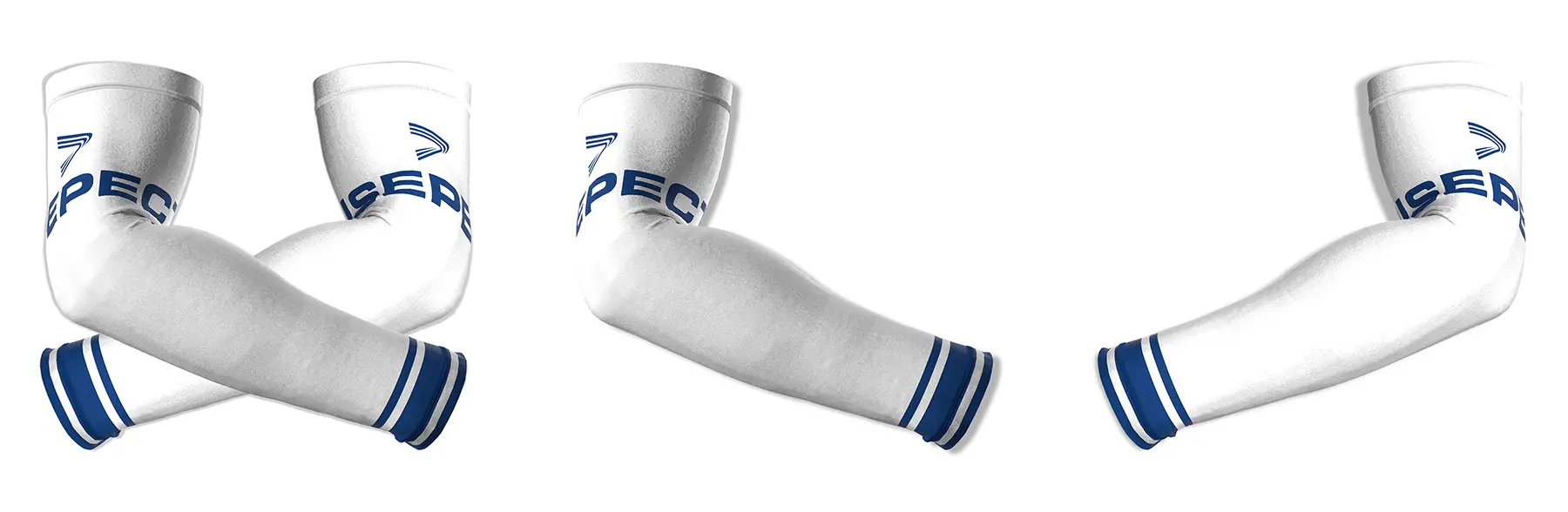 Composite image of white football compression arm sleeves with blue cuffs, showing the full pair plus separate views of the right and left sleeves with RISEPECT branding.