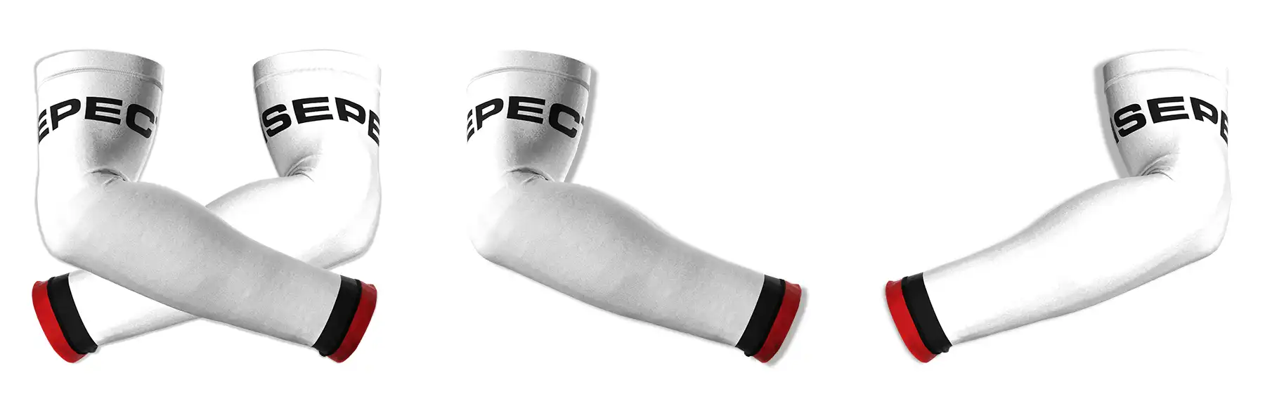 Composite image of white football compression arm sleeves with black and red cuffs, showing the full pair plus separate views of the right and left sleeves with RISEPECT branding.