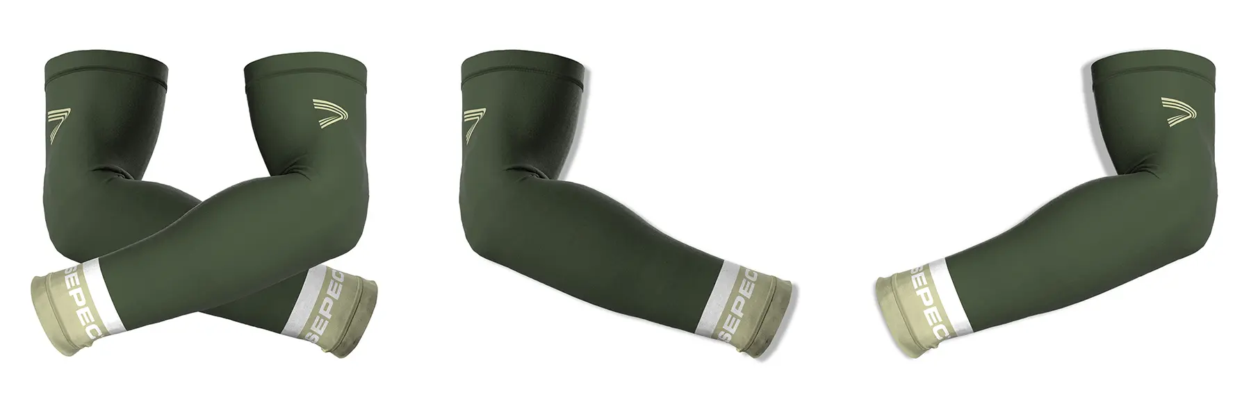 Composite image of forest green football compression arm sleeves with pale green and white cuffs, showing the full pair plus separate views of the right and left sleeves with RISEPECT branding.