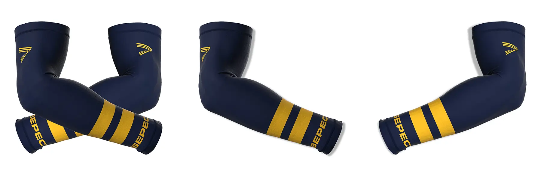 Composite image of navy blue football compression arm sleeves with gold stripes & logo & text, showing the full pair plus separate views of the right and left sleeves with RISEPECT branding.