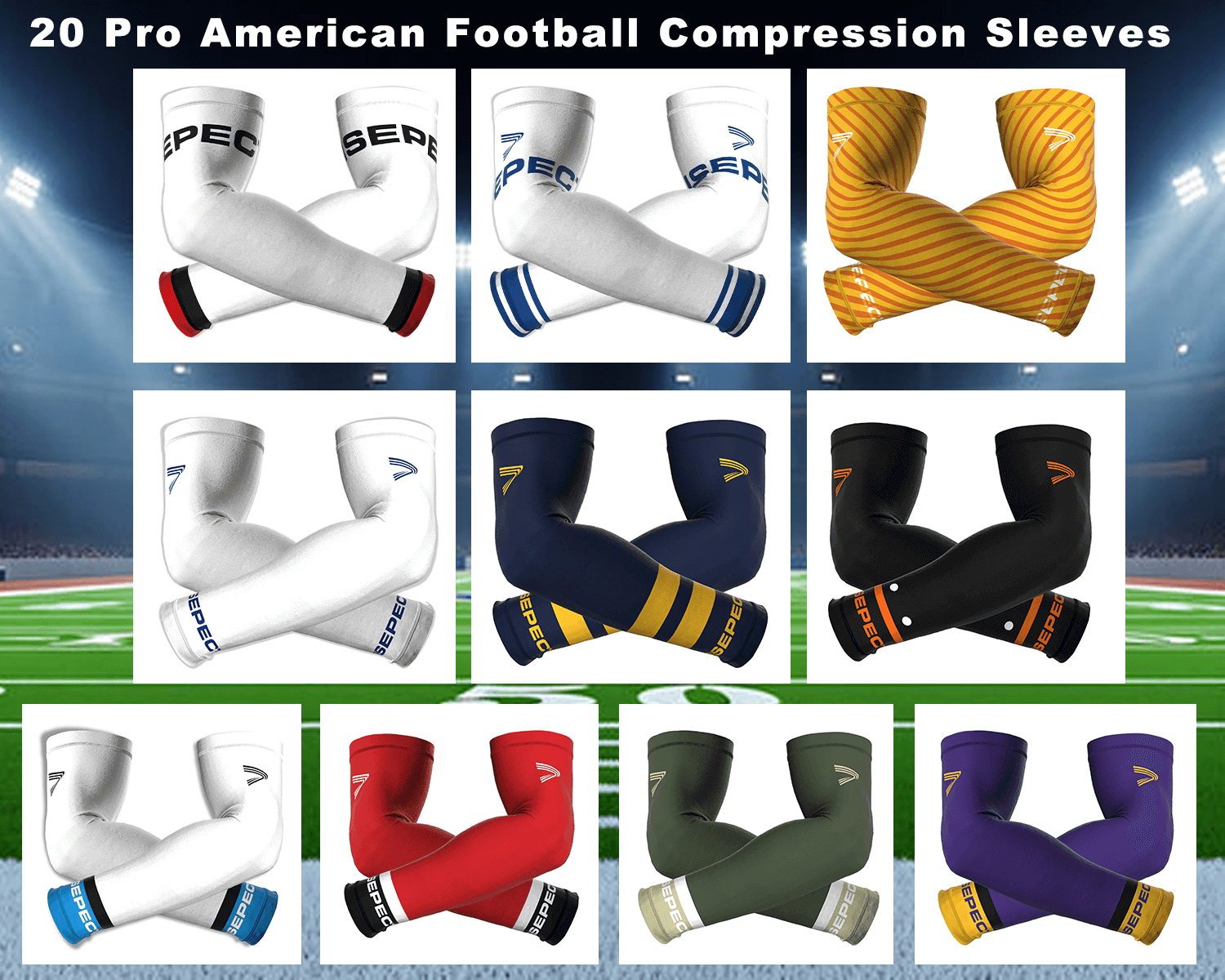 Display of 10 different color designs of professional American football compression arm sleeves, available for custom branding with your team or brand colors and logo, or ready for bulk production from existing designs.
