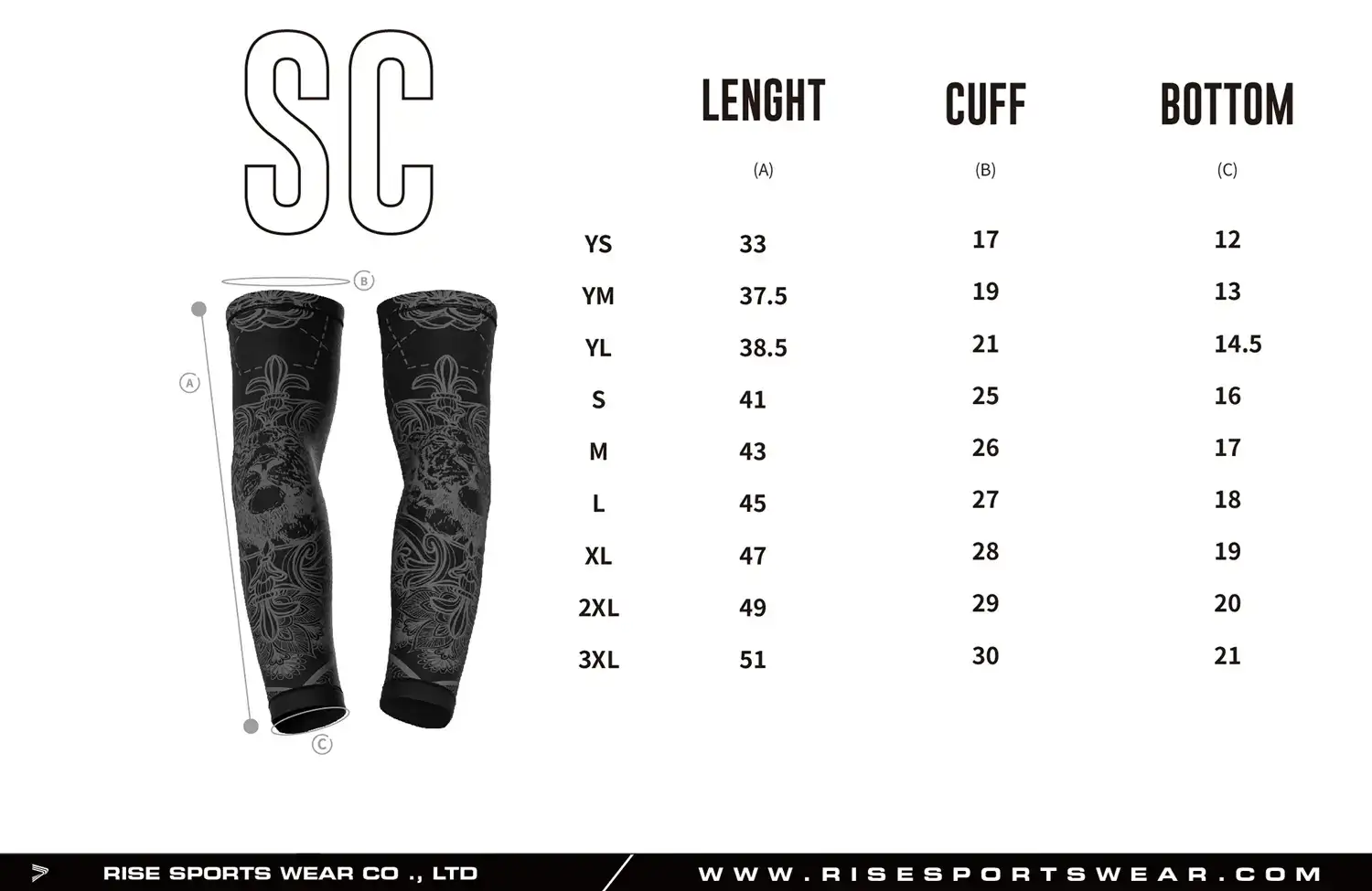American football compression arm sleeve size chart showing YS–YL and S–3XL options, with detailed measurements for length, cuff, and bottom hem to ensure proper fit.