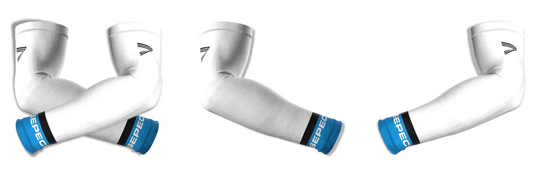 Composite image of white football compression arm sleeves with blue & black stripes, showing the full pair plus separate views of the right and left sleeves with RISEPECT branding.