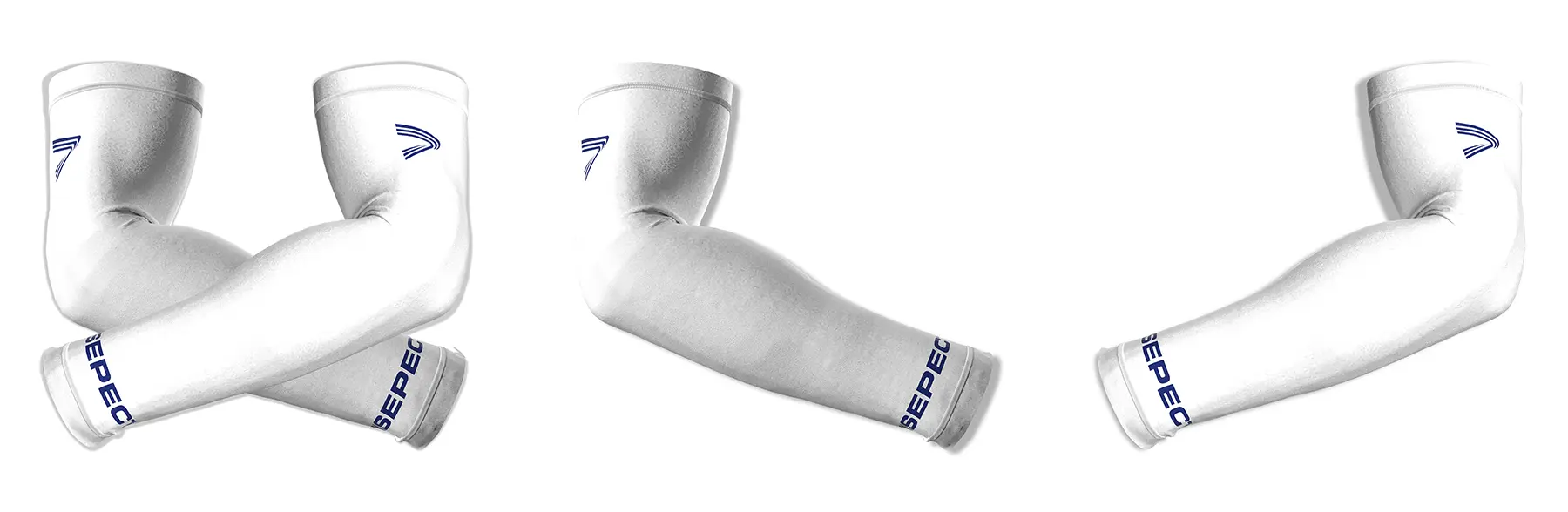 Composite image of white football compression arm sleeves with navy blue logo & text, showing the full pair plus separate views of the right and left sleeves with RISEPECT branding.