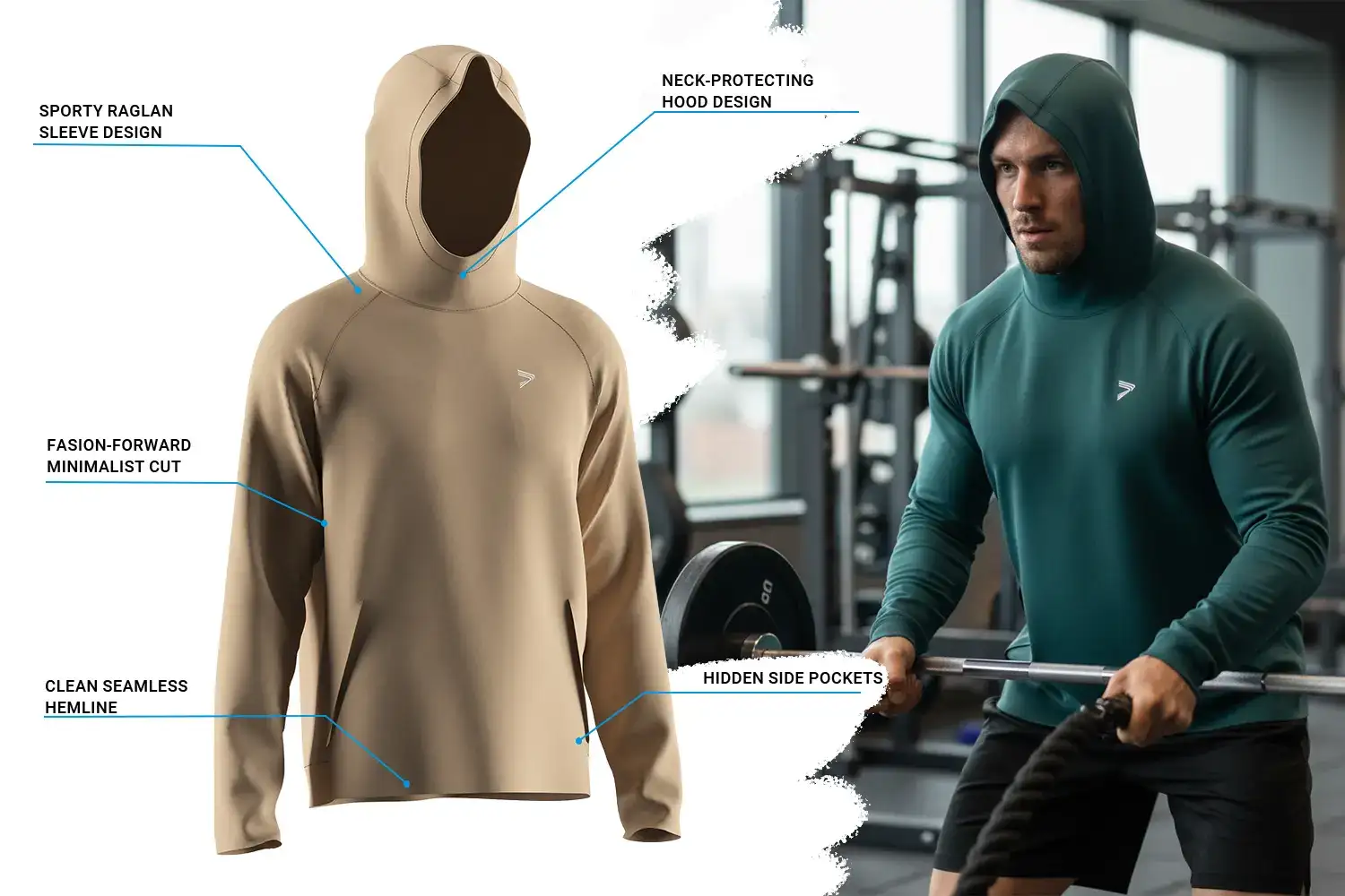 Muscular male athlete training in a gym while wearing a performance athletic hoodie featuring a sporty raglan sleeve, neck-protecting hood, minimalist cut, seamless hemline, and hidden side pockets. The athletic hoodie contours the upper body, highlighting muscle definition while supporting unrestricted movement.