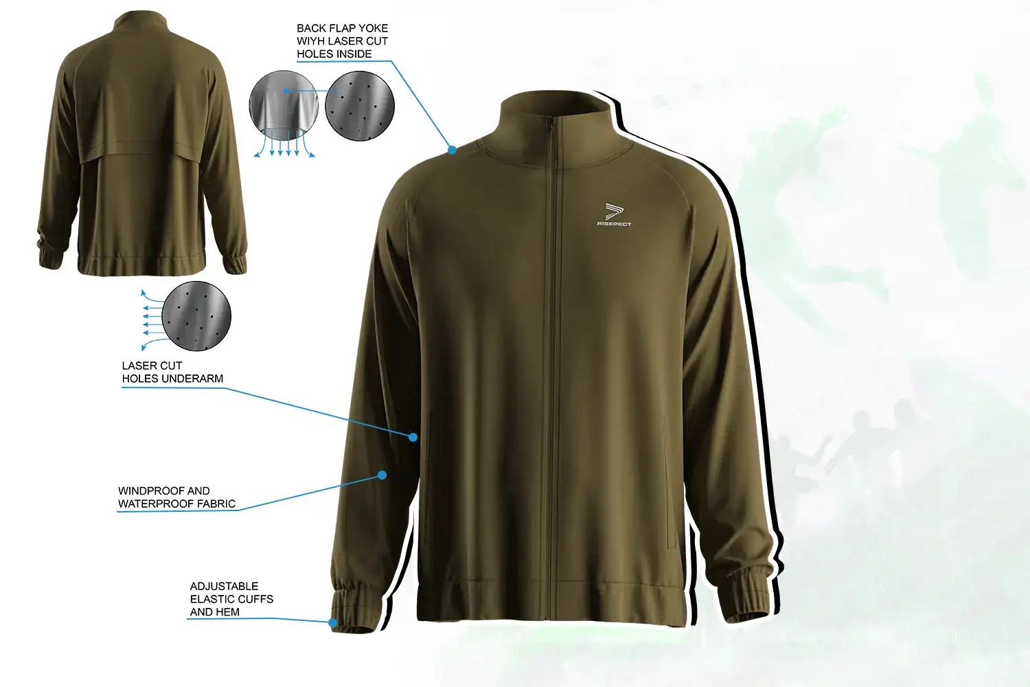 Men's full zip high collar training jacket with windproof fabric and laser-cut ventilation design.