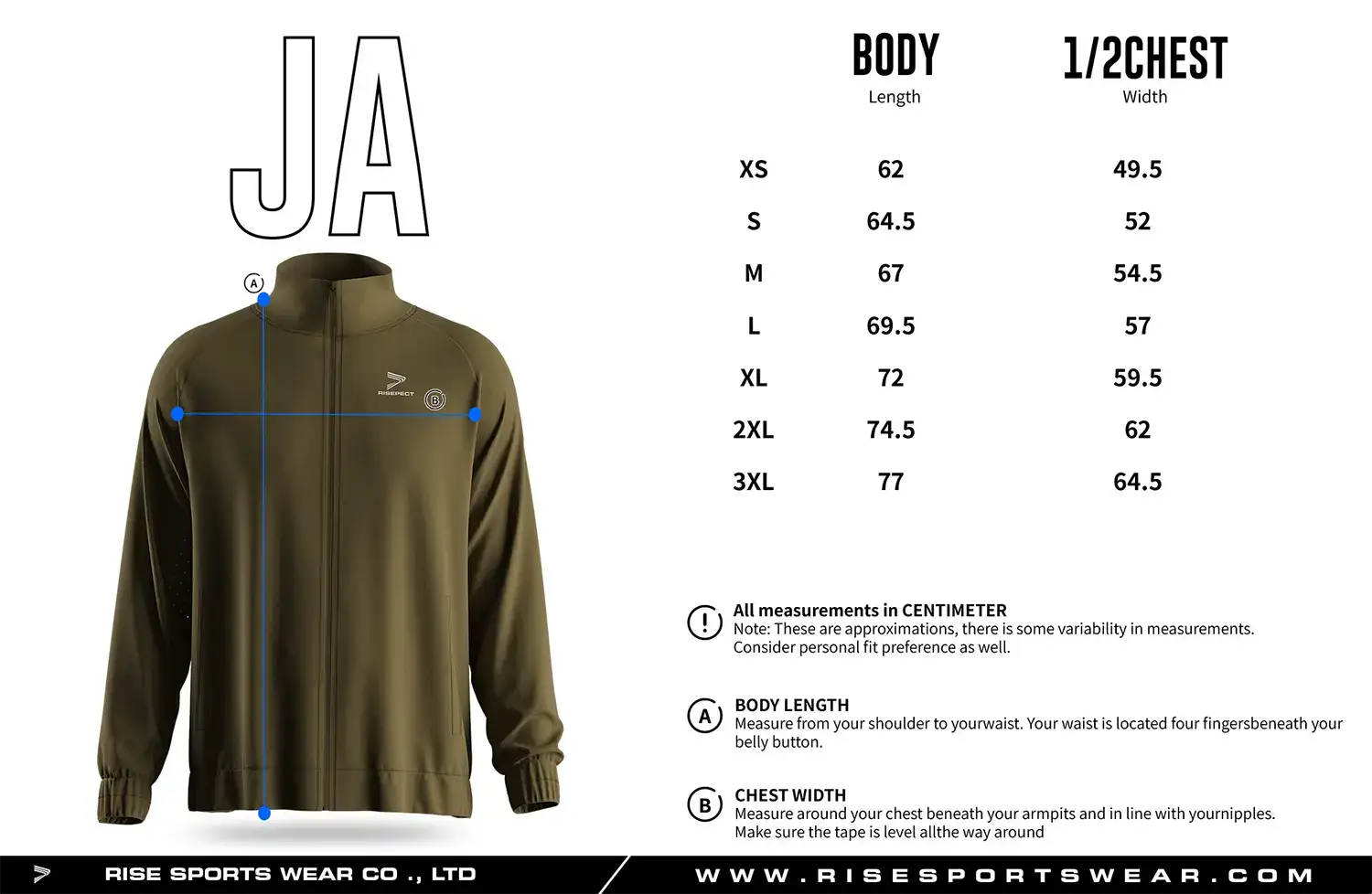 Adult men's size chart for full zip high collar athletic training jacket.