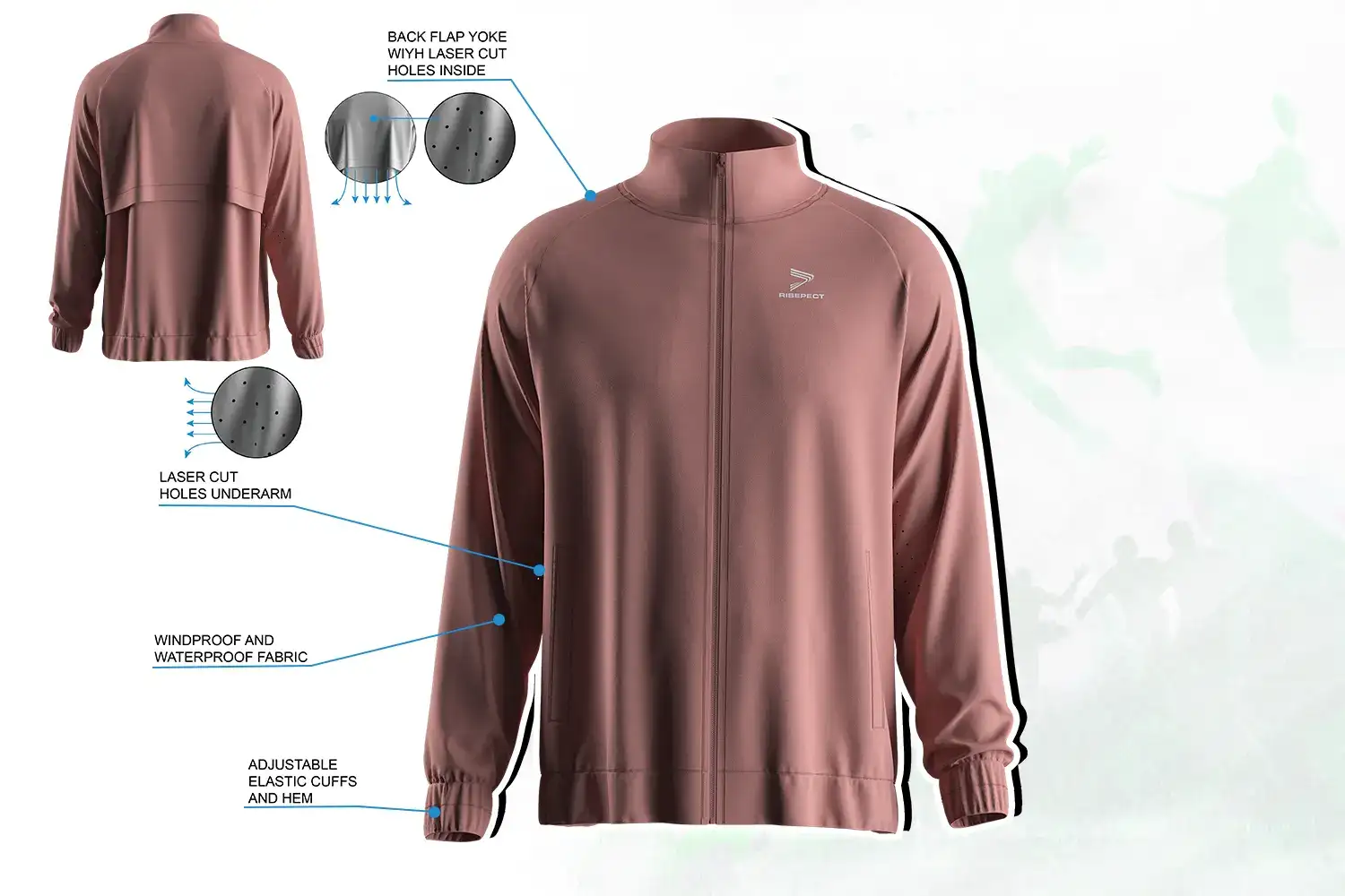 Men's full zip high collar training jacket with windproof fabric and laser-cut ventilation design.