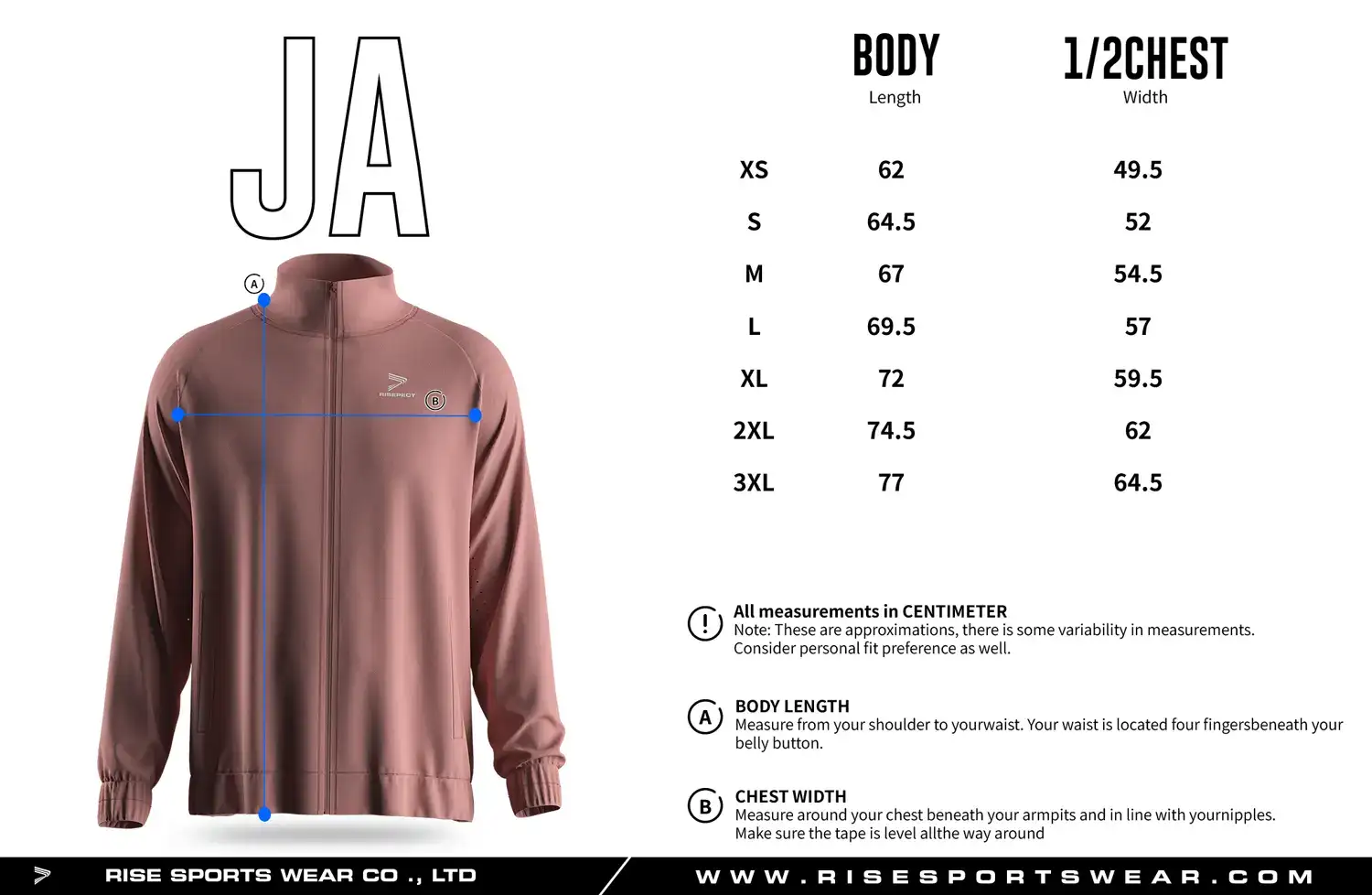 Adult men's size chart for full zip high collar athletic training jacket.