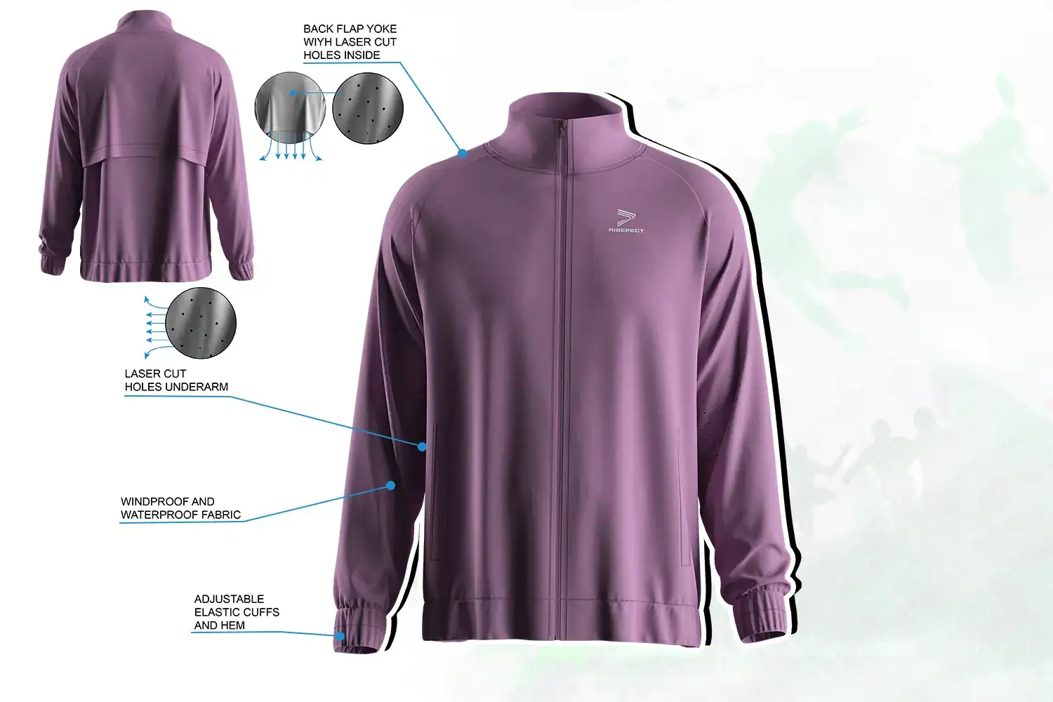 Men's full zip high collar training jacket with windproof fabric and laser-cut ventilation design.