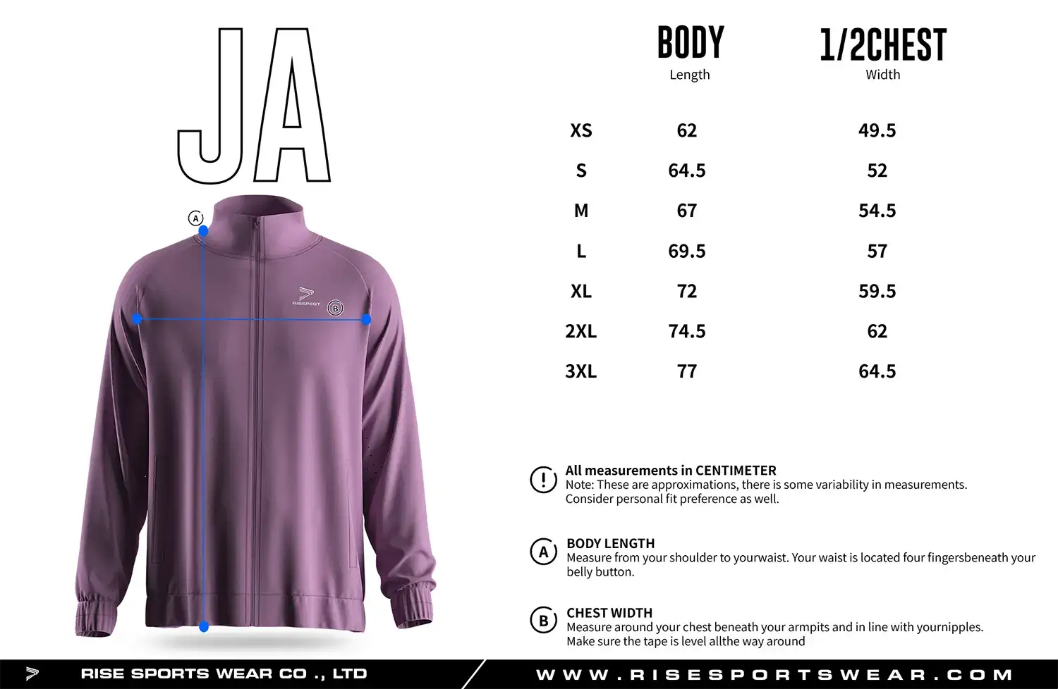 Adult men's size chart for full zip high collar athletic training jacket.