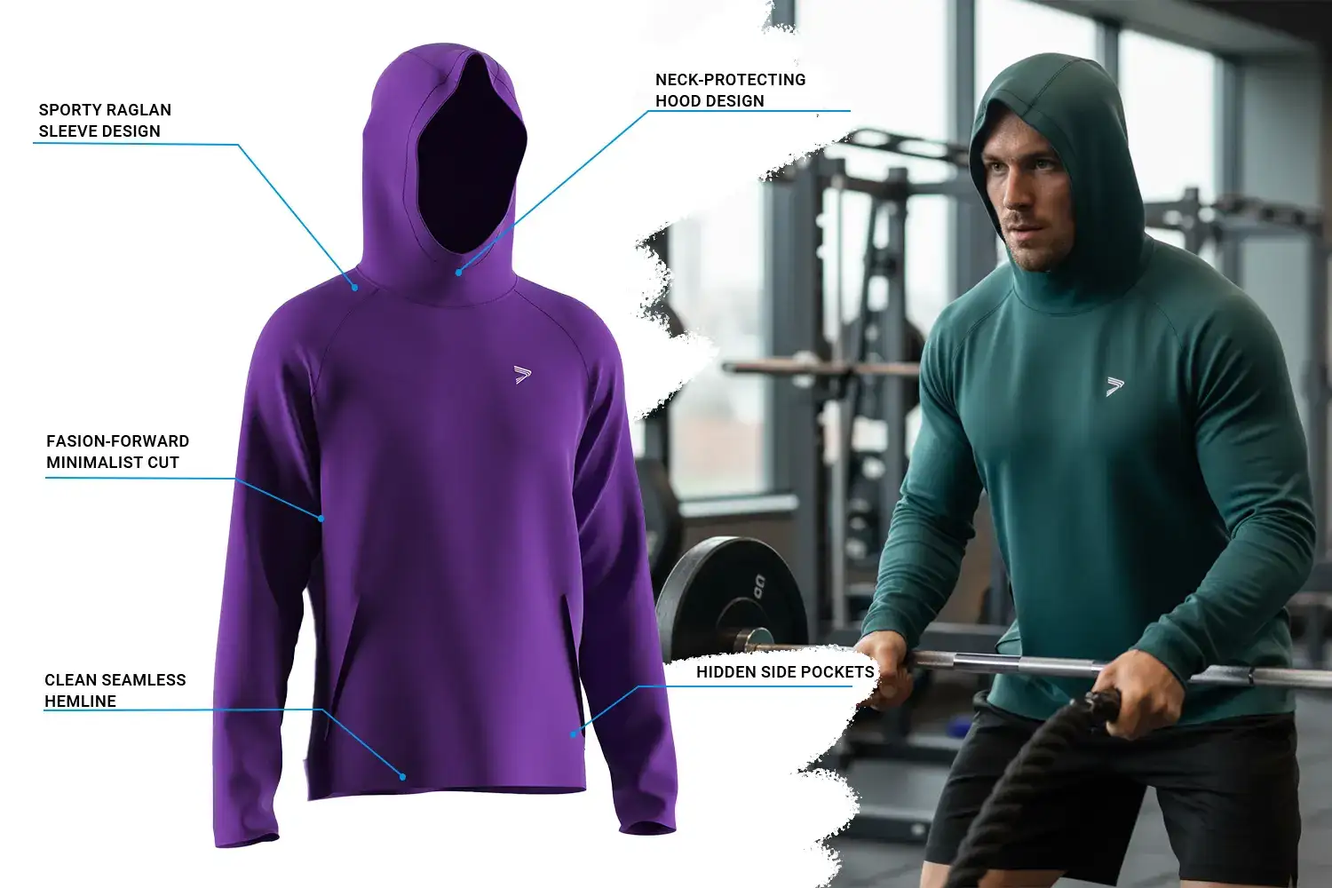 Muscular male athlete training in a gym while wearing a performance athletic hoodie featuring a sporty raglan sleeve, neck-protecting hood, minimalist cut, seamless hemline, and hidden side pockets. The athletic hoodie contours the upper body, highlighting muscle definition while supporting unrestricted movement.