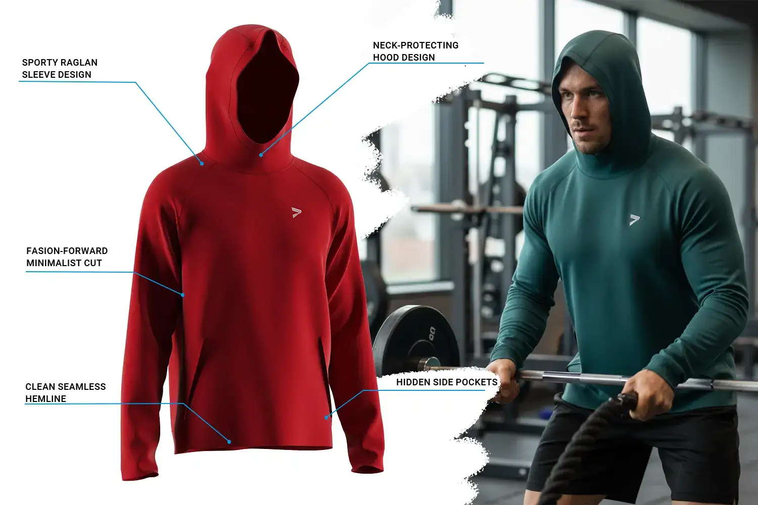 Muscular male athlete training in a gym while wearing a performance athletic hoodie featuring a sporty raglan sleeve, neck-protecting hood, minimalist cut, seamless hemline, and hidden side pockets. The athletic hoodie contours the upper body, highlighting muscle definition while supporting unrestricted movement.