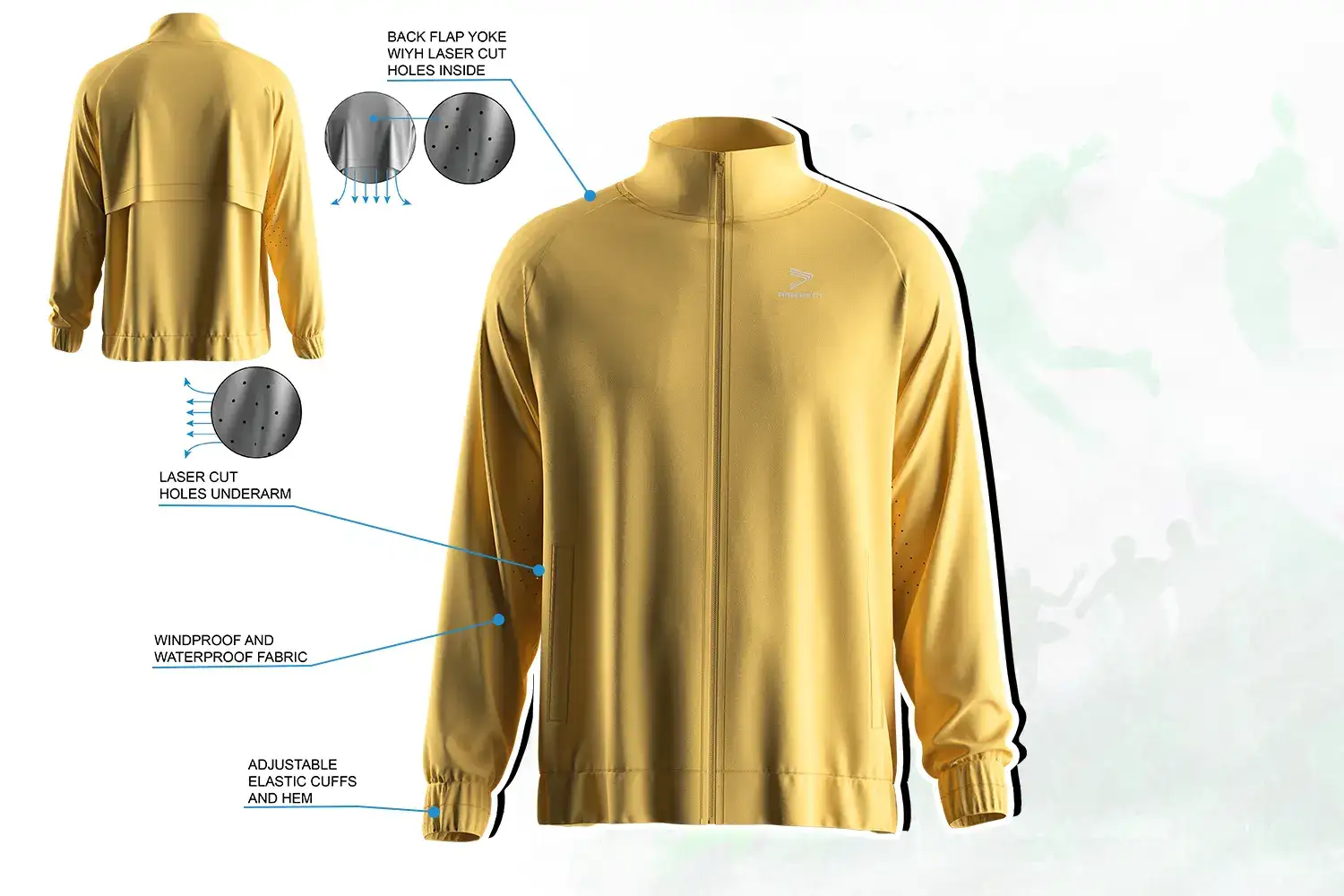 Men's full zip high collar training jacket with windproof fabric and laser-cut ventilation design.