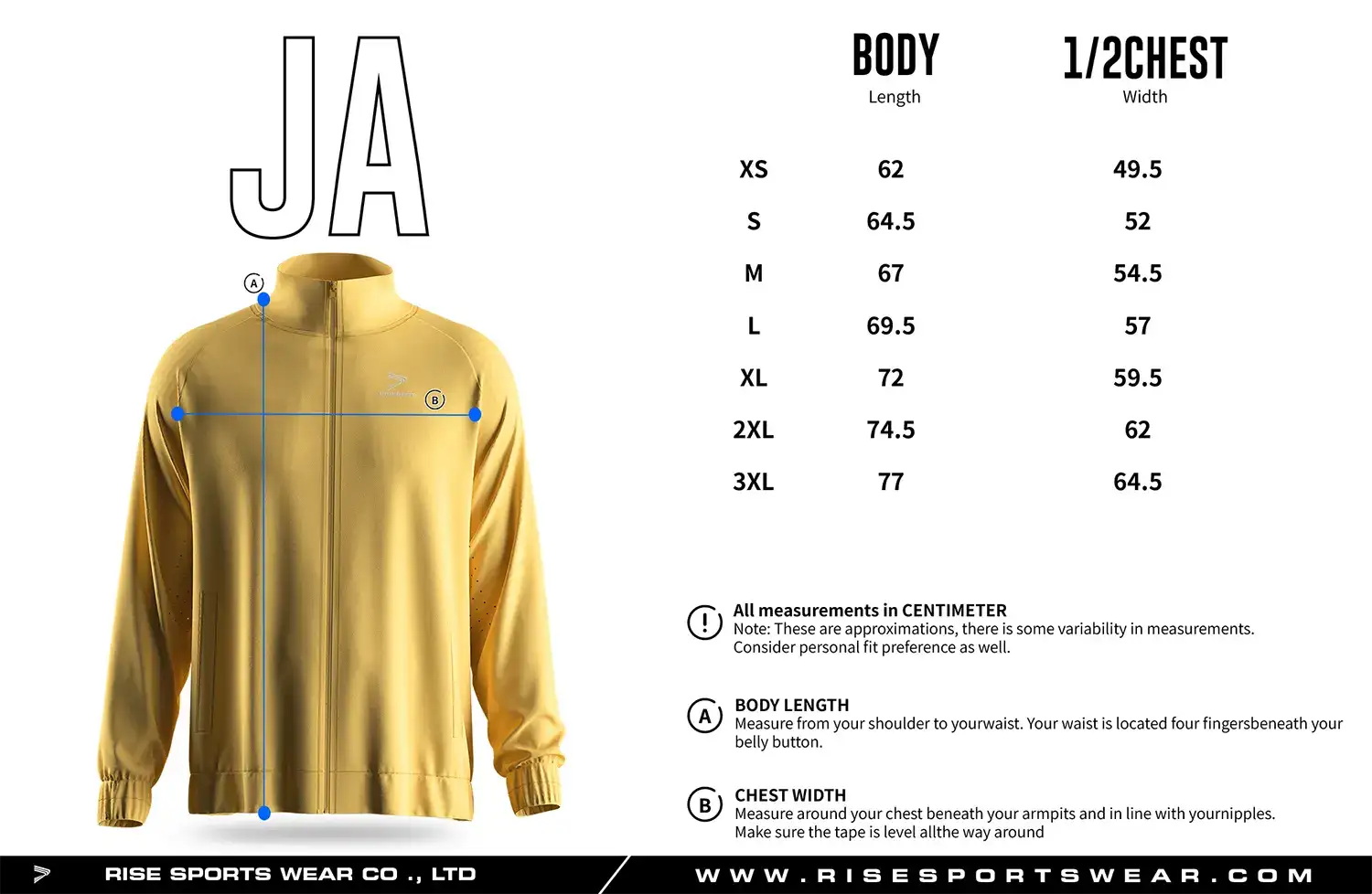 Adult men's size chart for full zip high collar athletic training jacket.
