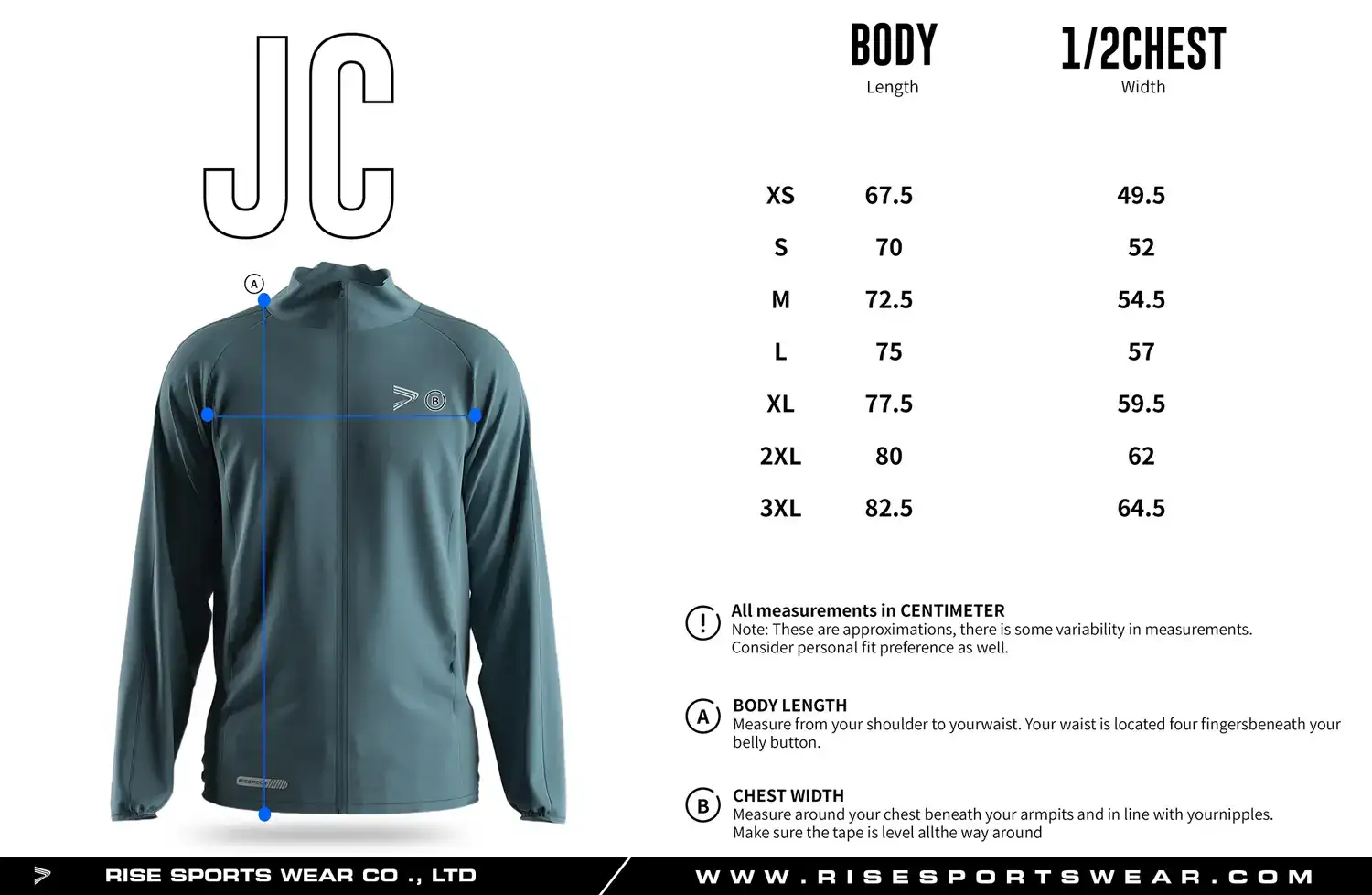 Adult men's size chart for Bulk Waterproof Outdoor Jackets for Corporate Teams & Promotions. Also, customize your brand / team size chart.