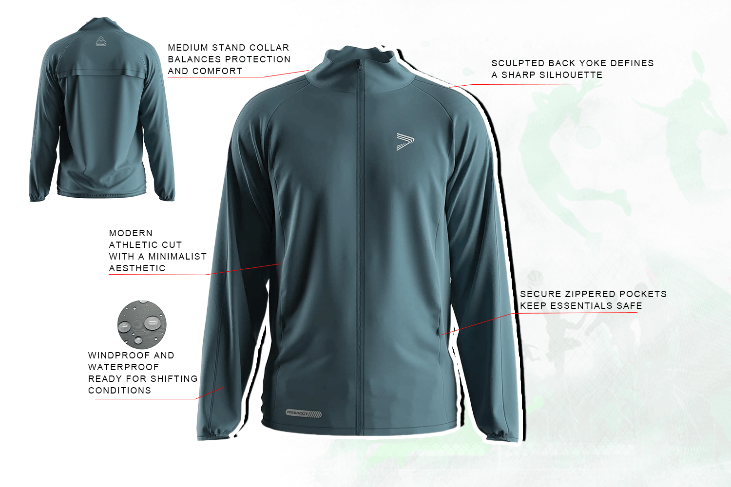 Bulk waterproof outdoor jackets for corporate teams, and events. Medium stand collar, raglan sleeves, and minimalist athletic cut deliver comfort and performance.