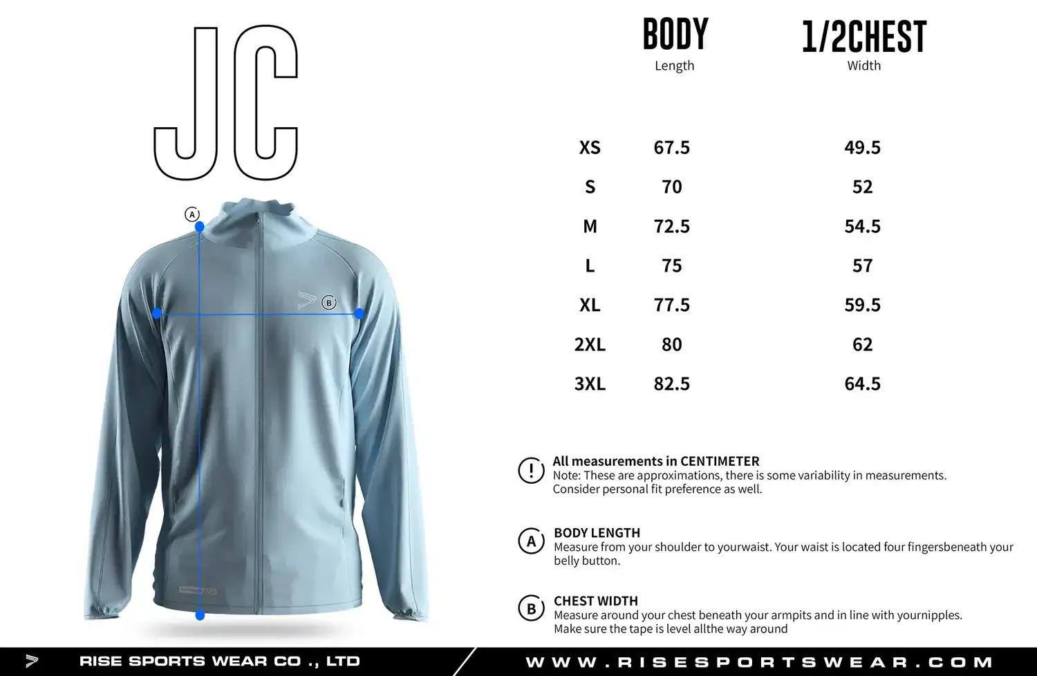 Adult men's size chart for Corporate Outdoor Windproof Jacket Bulk Supply. Also, customize your brand / team size chart.