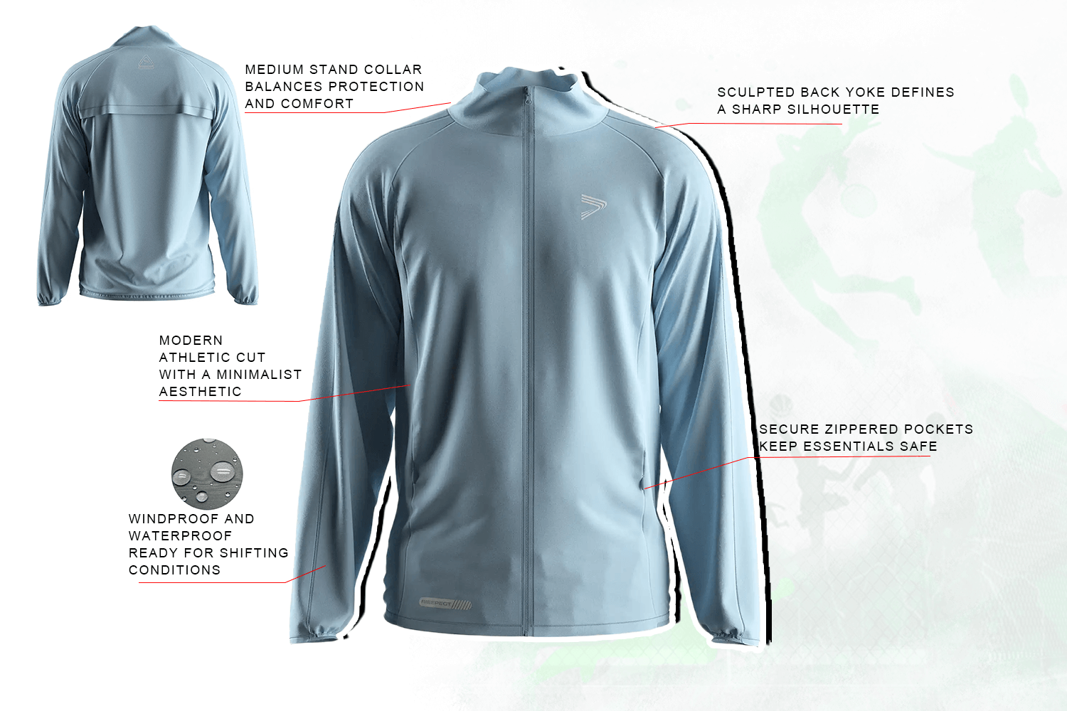 Corporate outdoor windproof jackets in bulk supply, ideal for branded uniforms and lifestyle promotions. Features modern athletic fit, raglan sleeves, and weather-ready protection.